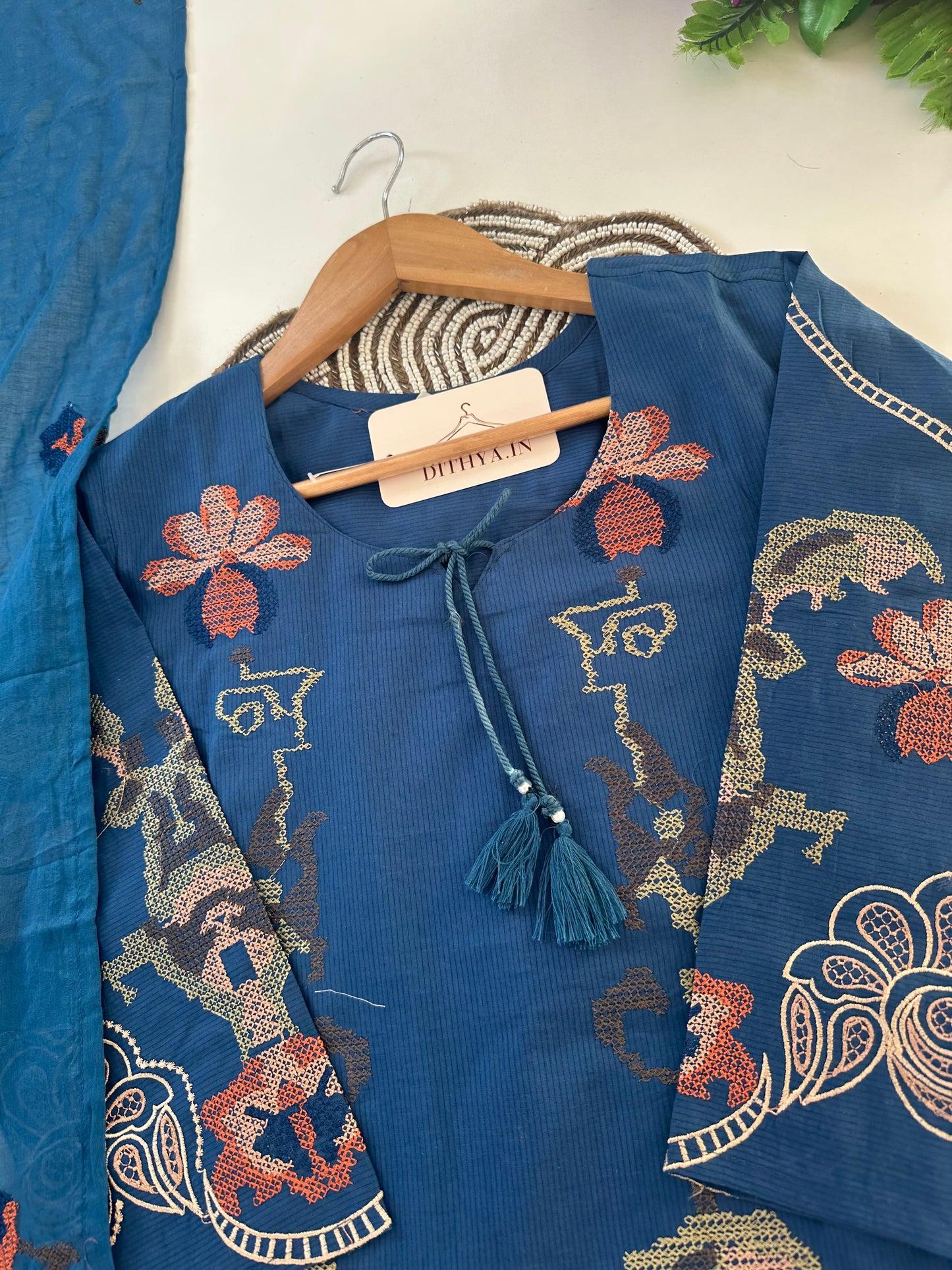 K649 - Mul cotton cross stitch straight Kurti with pants and dupatta