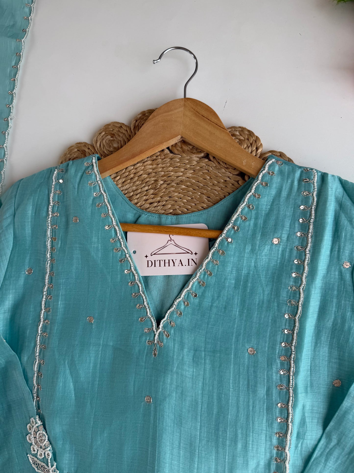 K011 - Mul chanderi pearl work aline Kurti with pants and dupatta