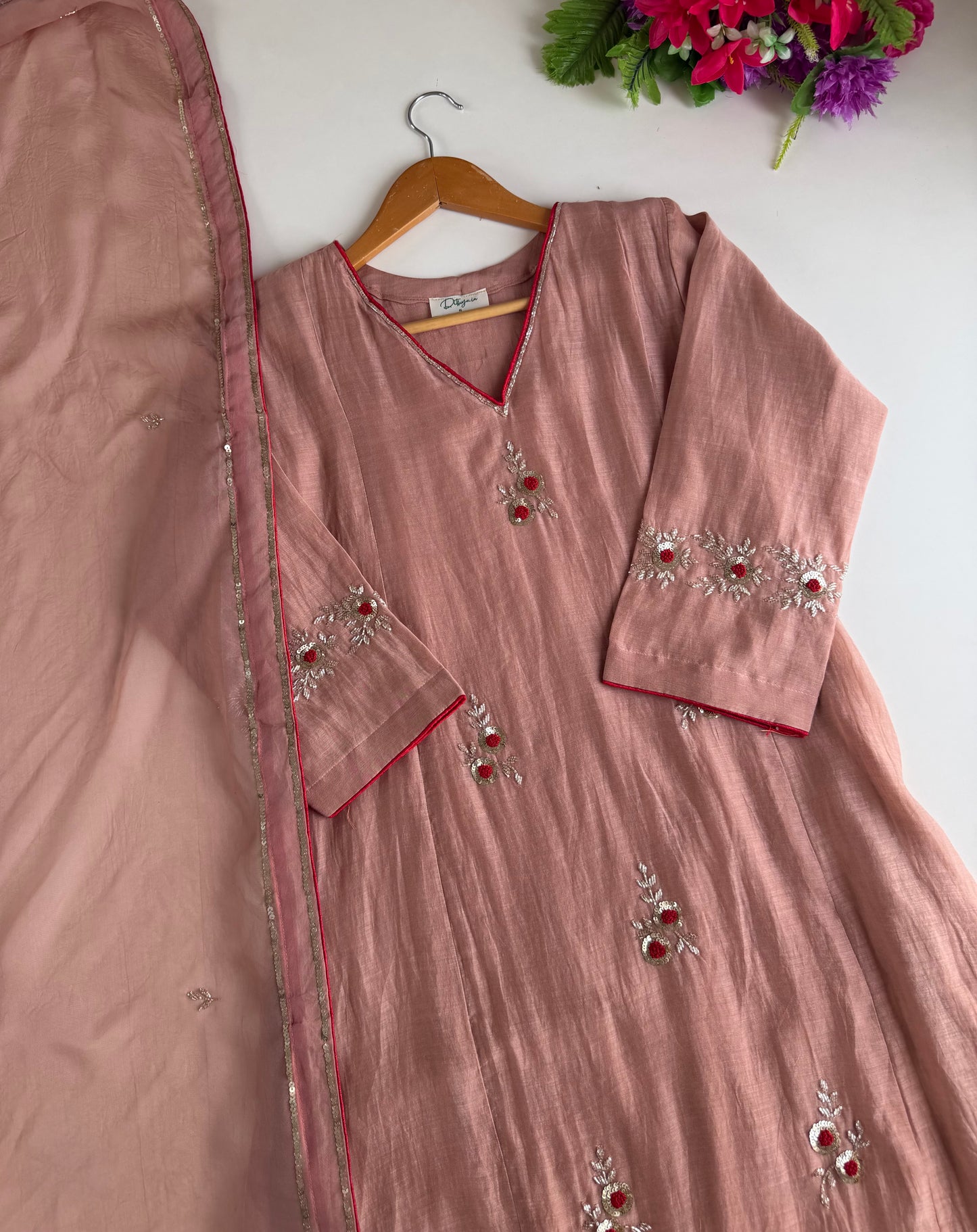 K484 - Mul chanderi handwork aline Kurti with pants and dupatta