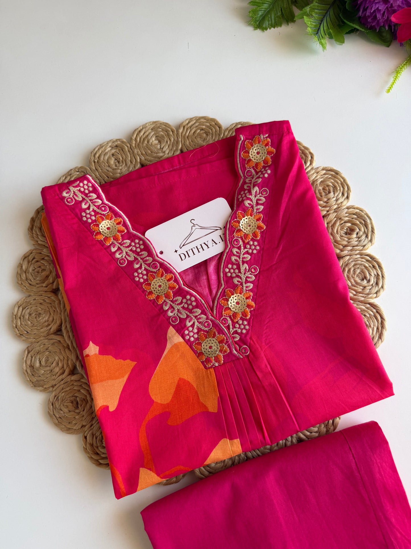 K639 - Mul cotton embroidered Aline Kurti with pants