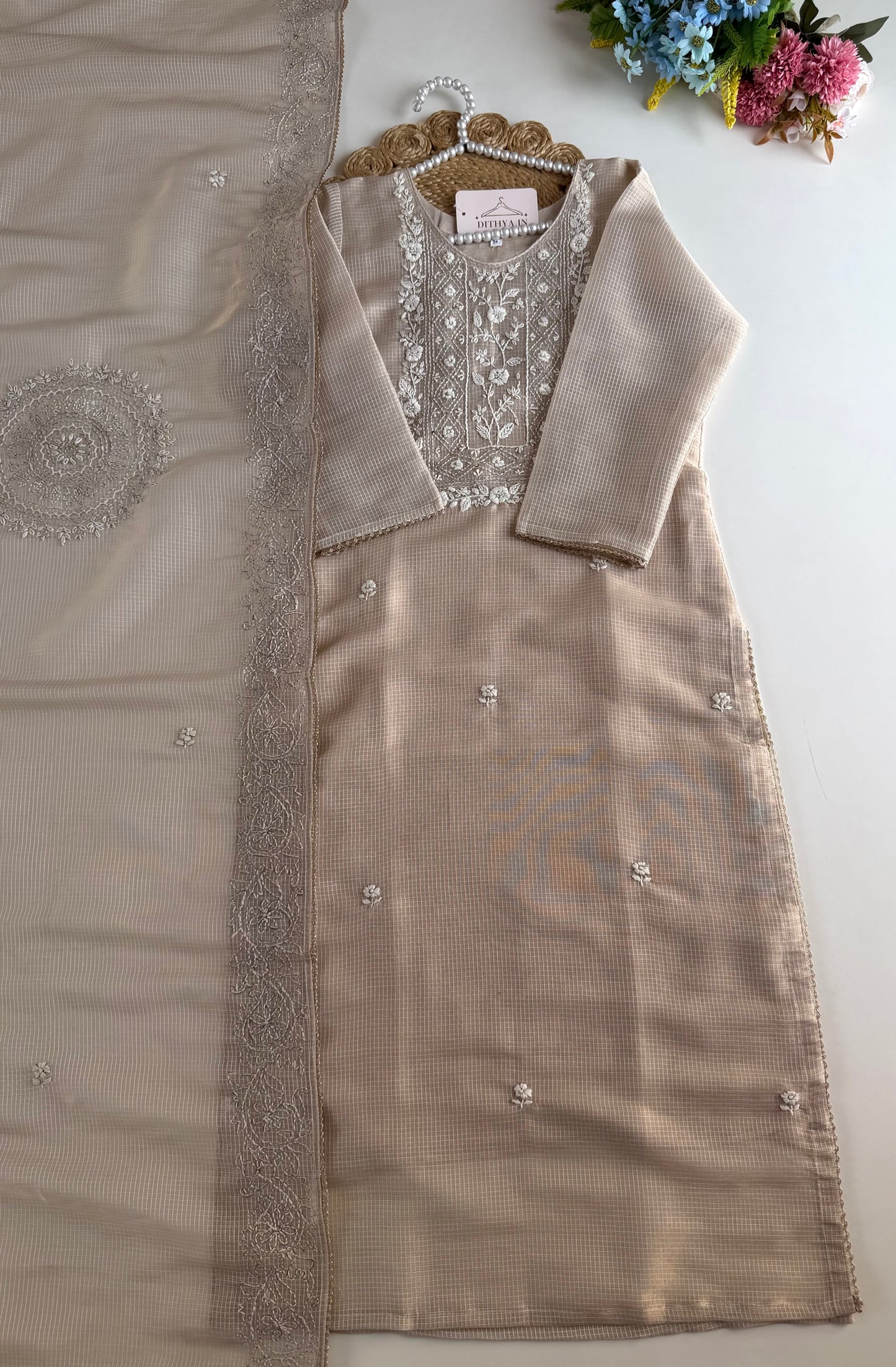 K107 - Chanderi tissue silk embroidered straight Kurti with pants and dupatta in 2 colours