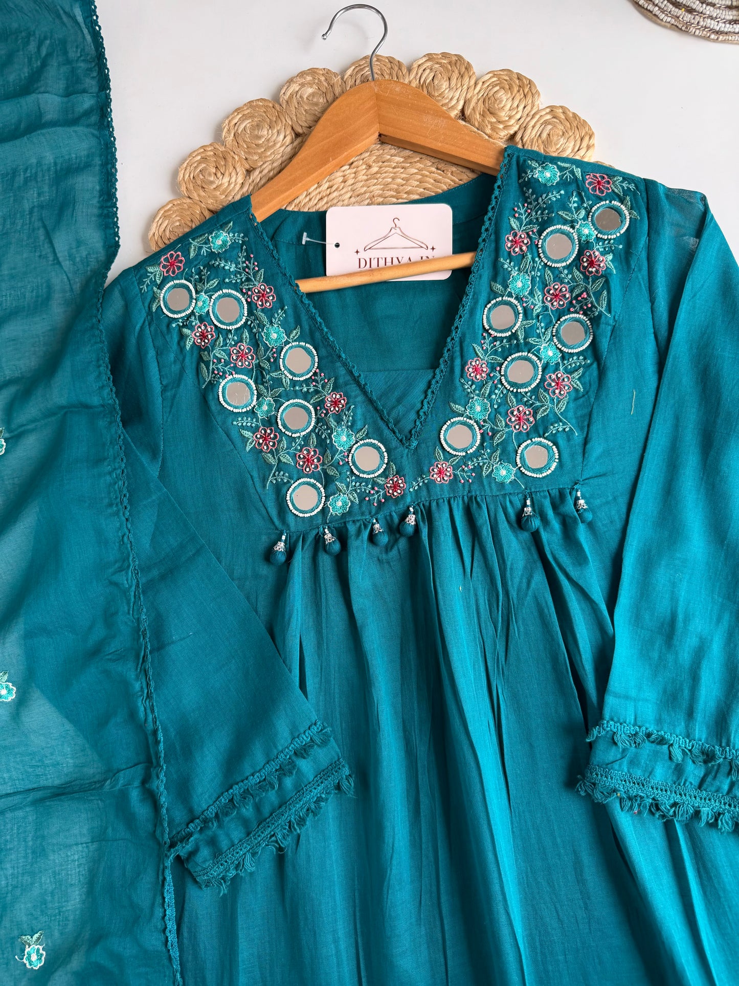 K231 - Mul cotton embroidered Anarkali with pants and dupatta
