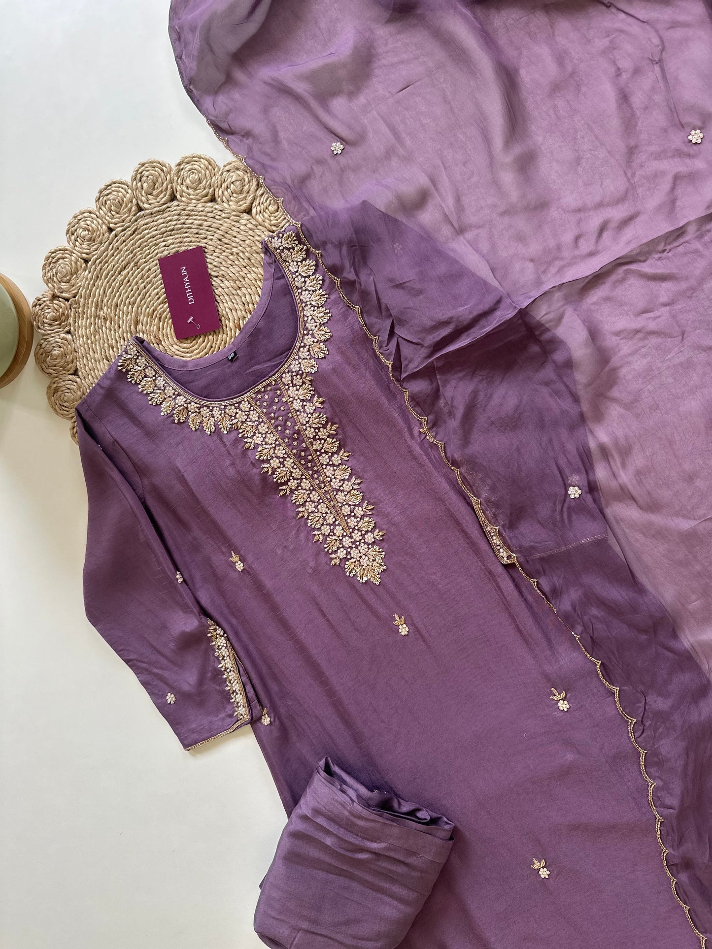 K265 - Russian silk handwork Straight kurti with straight pants and Banarasi silk dupatta .