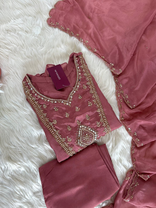 K399 - Handwork Chinnon Anarkali with pants and dupatta in 2 colours
