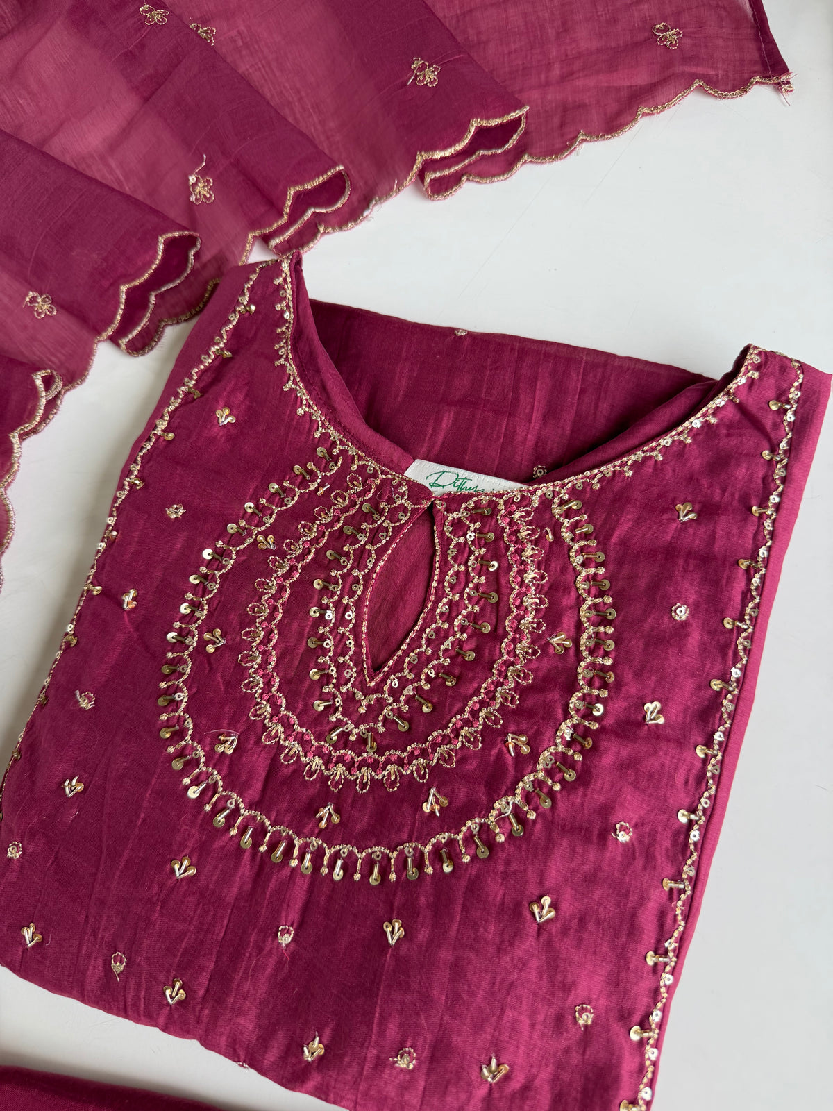 K446 - Surat Mul chanderi handwork aline Kurti with pants and dupatta in 2 colours
