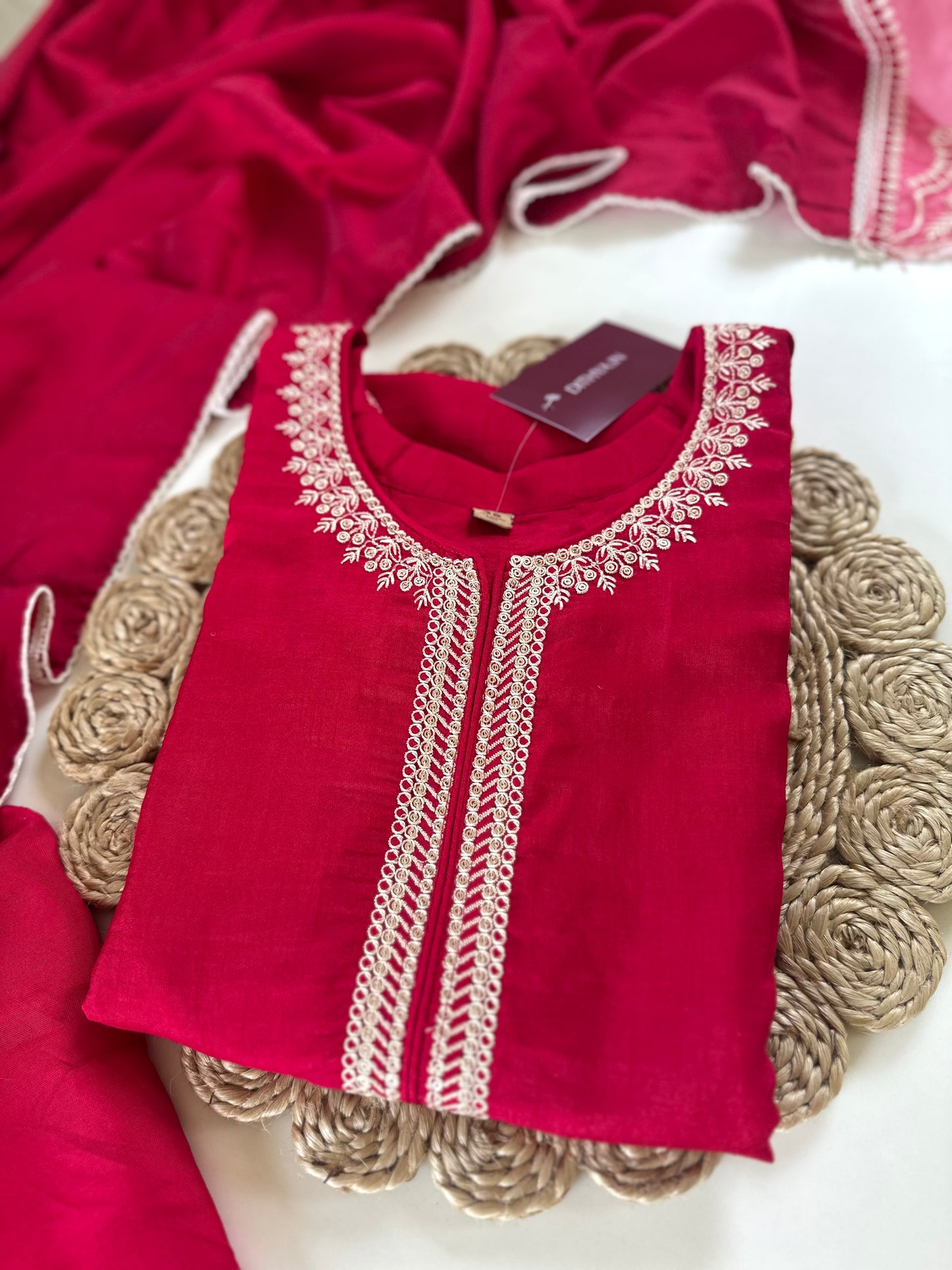 K217 - Dola silk Embroidered straight kurti with pants and dupatta .