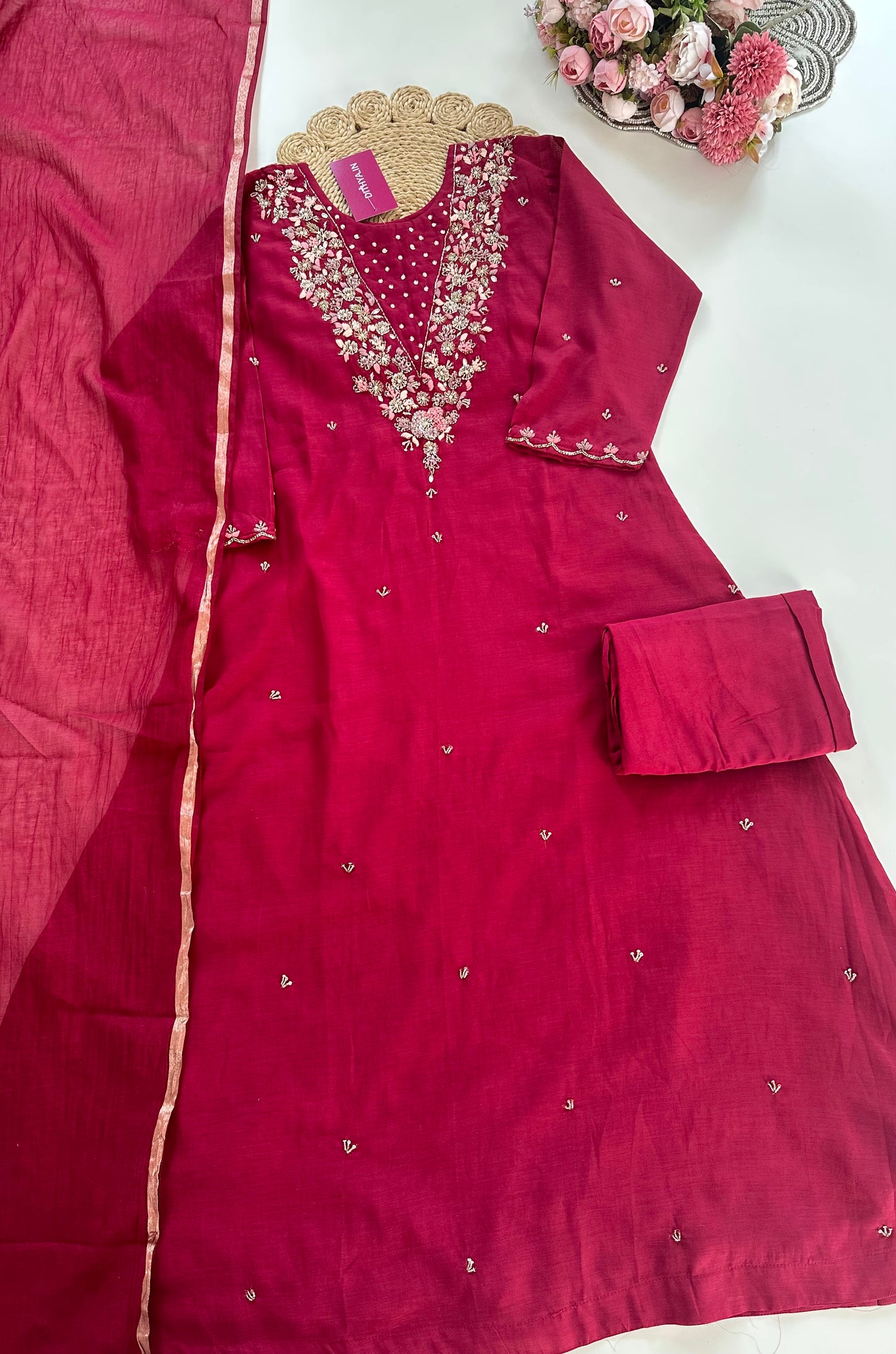K021 - Mul Chanderi handwork Aline Kurti with pants and dupatta