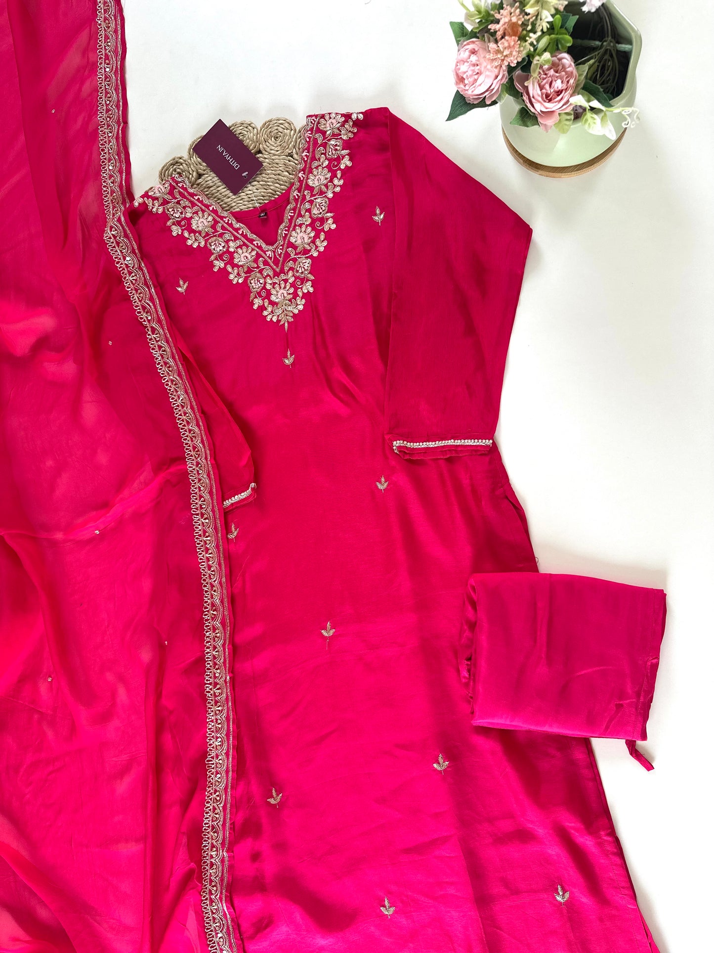 K179 - Russian silk Zari work straight kurti with pants and viscose organza dupatta.