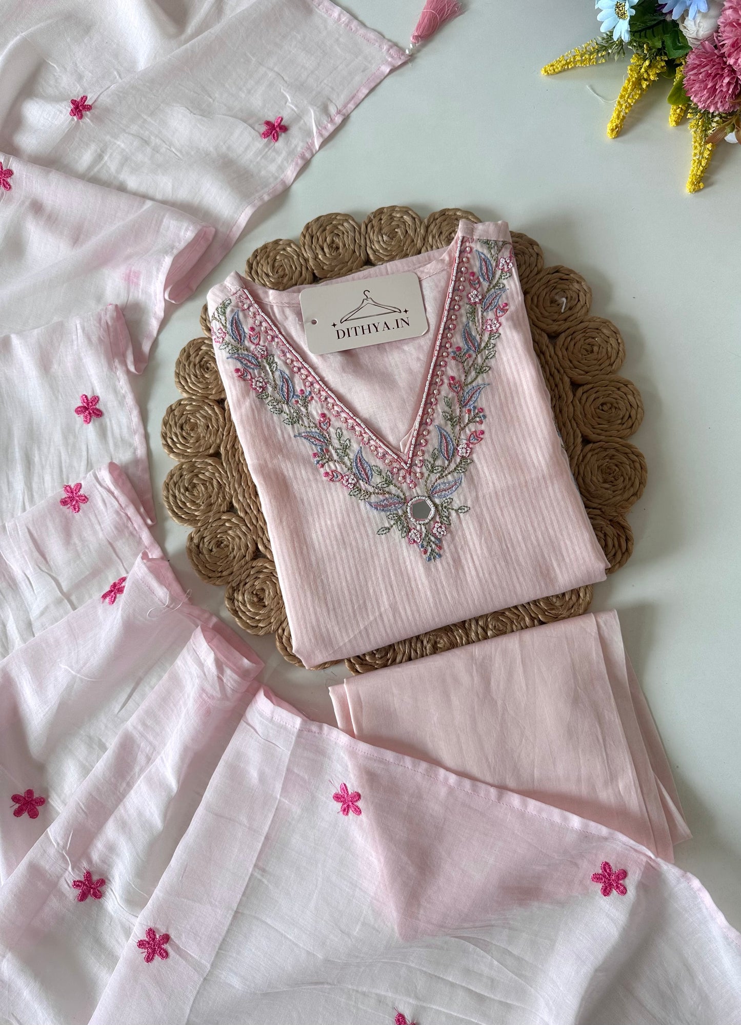 K027 - Mul cotton embroidered straight kurti with pants and dupatta