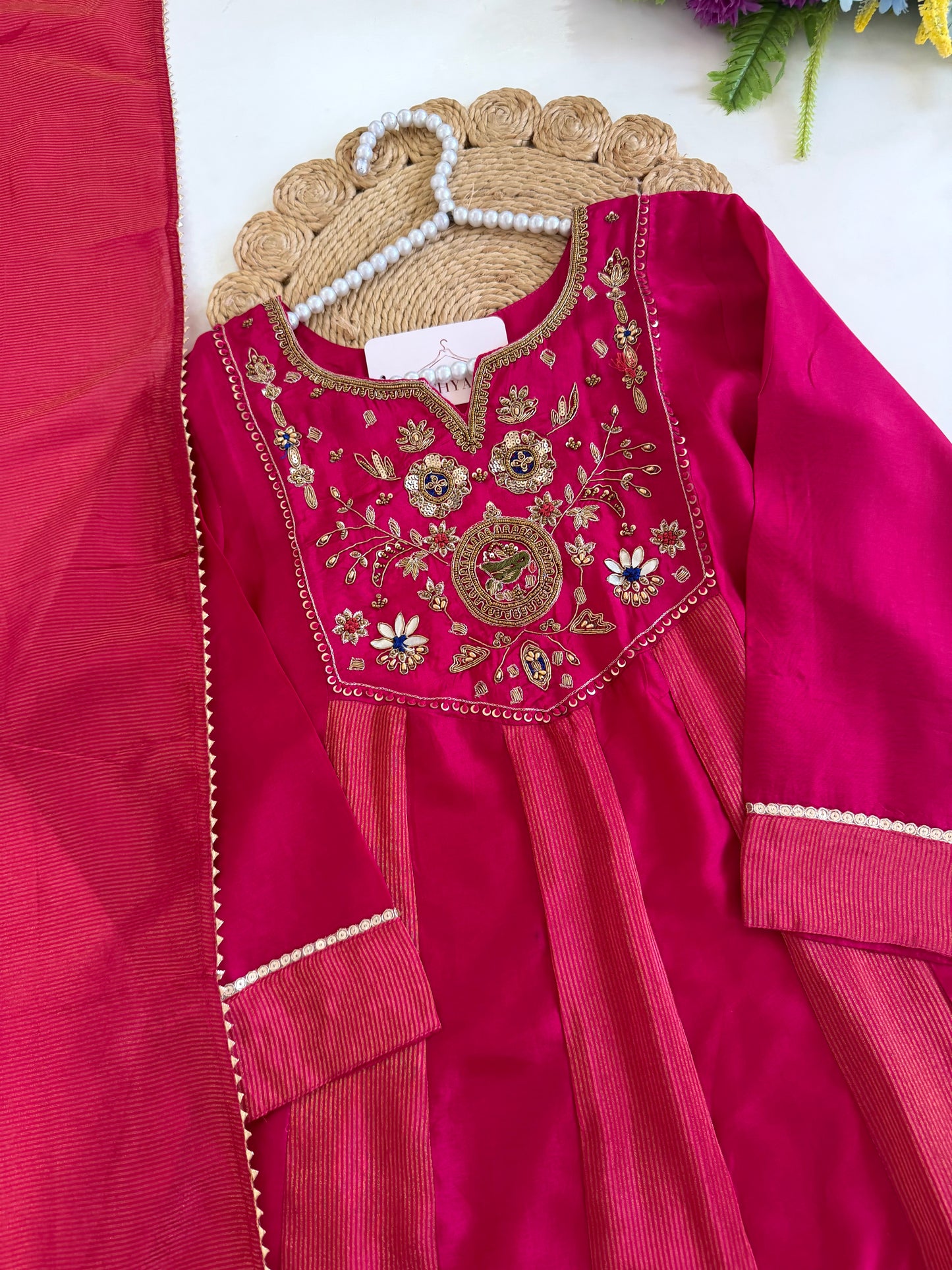 K598 - Mul chanderi & Tissue silk handwork Anarkali with pants and dupatta
