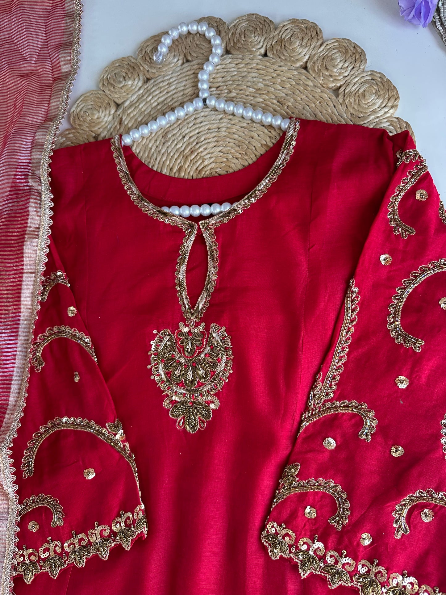 K035 - Mul Chanderi Handwork Aline Kurti with pants and dupatta in 2 colours