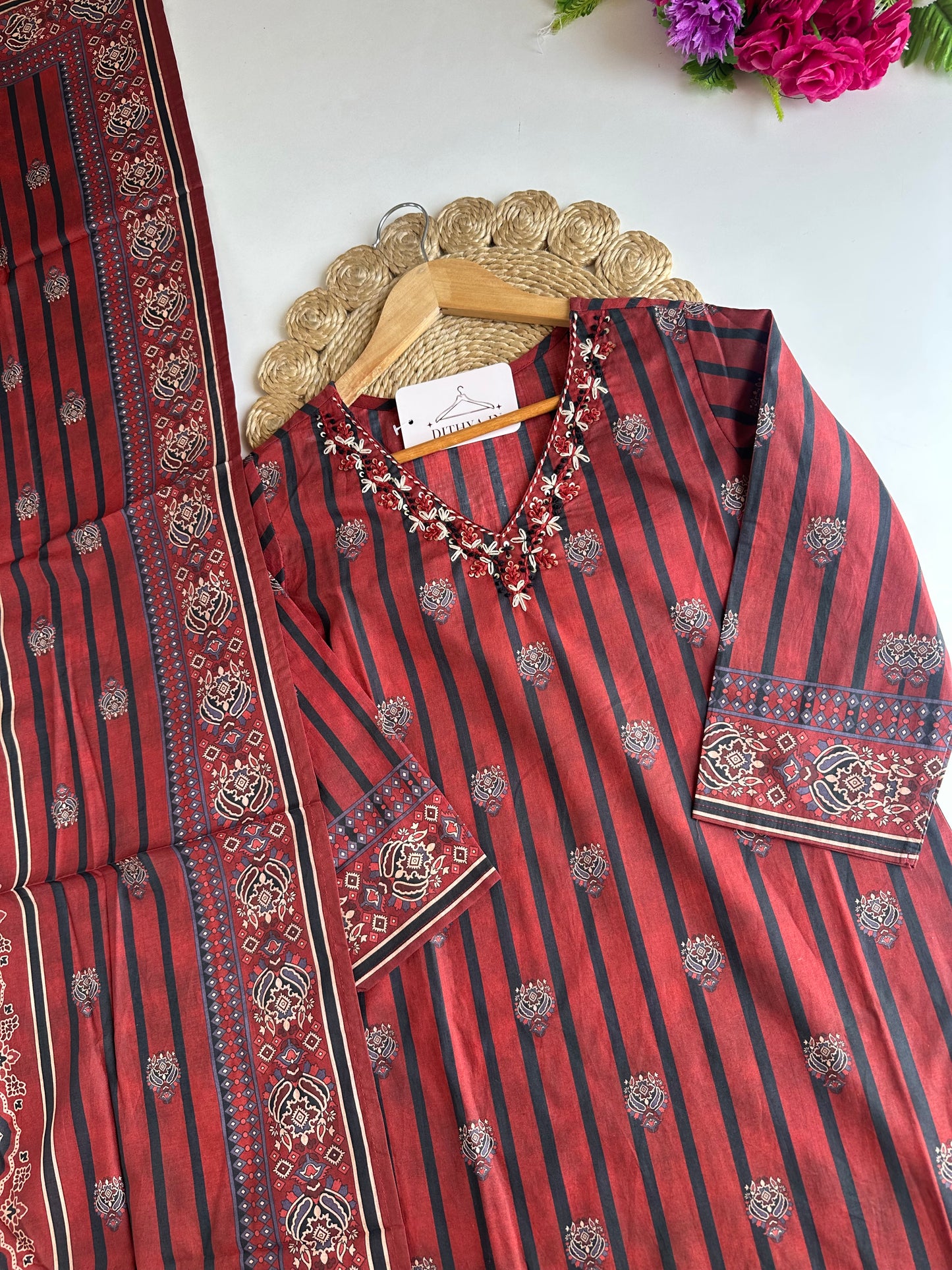 K189 - Mul cotton embroidered straight Kurti with pants and dupatta