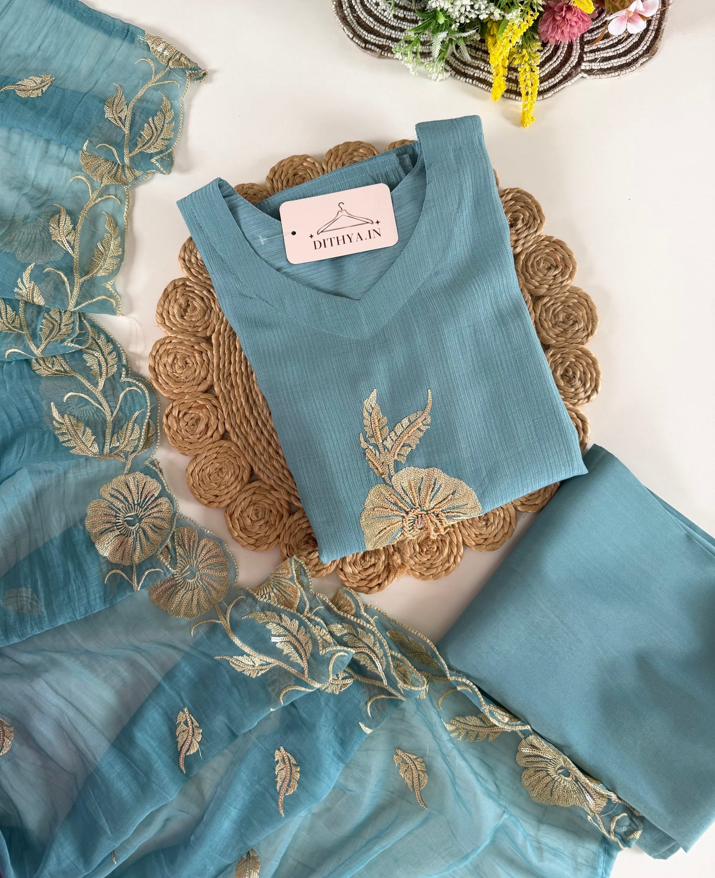 K542 - Muslin doriya embroidered straight Kurti with pants and dupatta