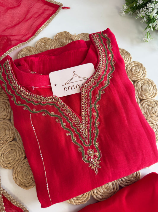 K532 - Mul chanderi Handwork aline Kurti with pants and dupatta