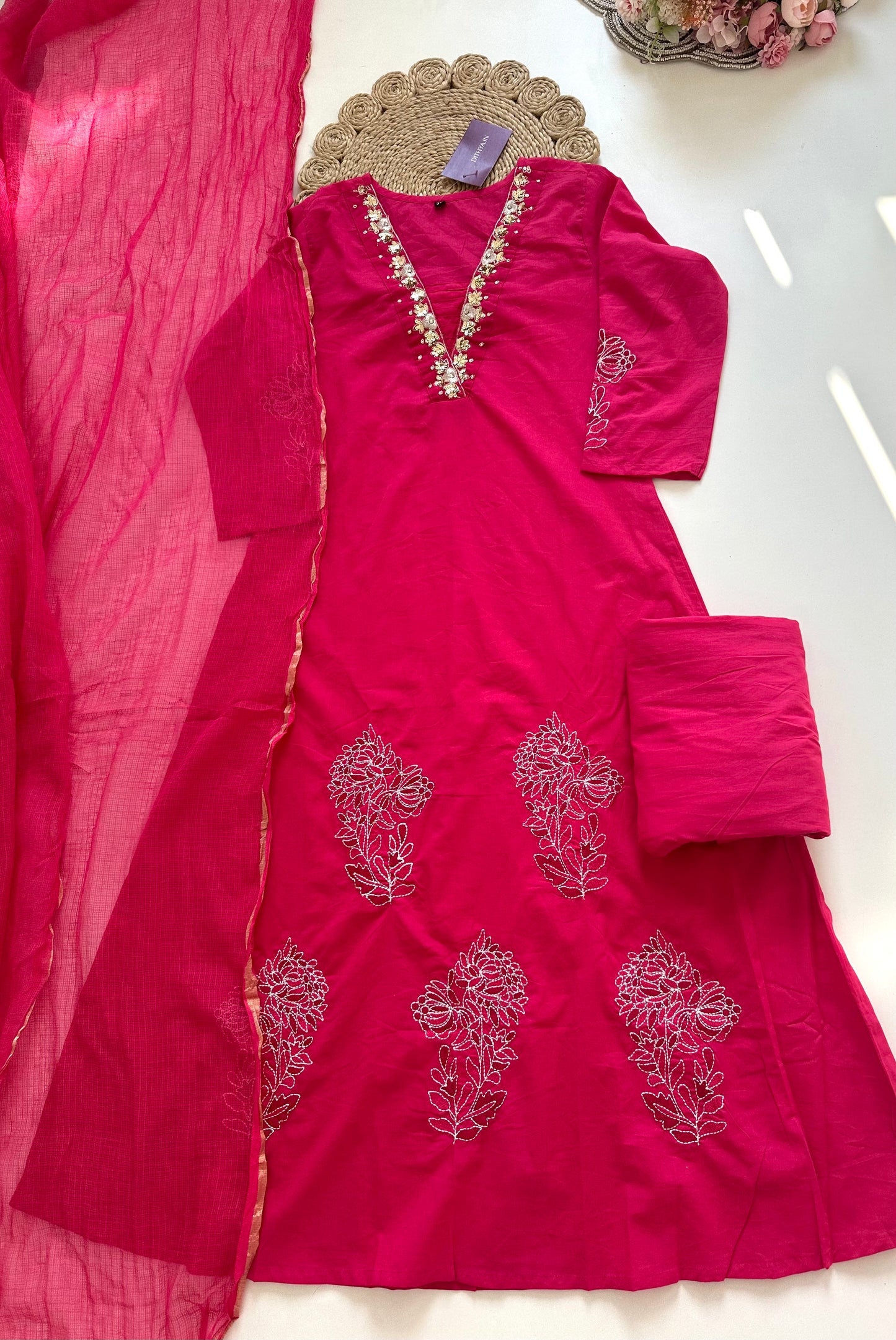 K433 - Mul cotton handwork Aline Kurti with pants and dupatta