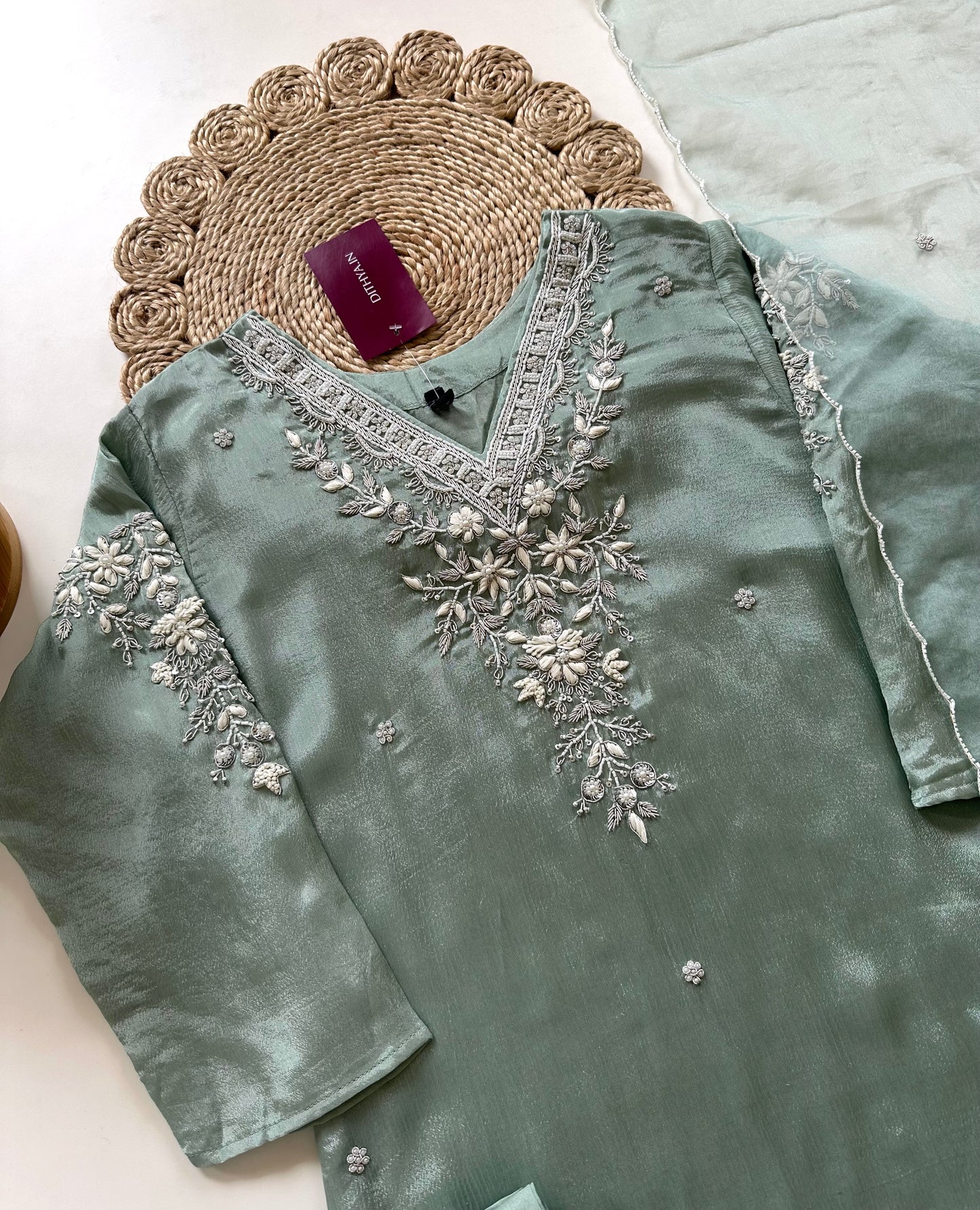 K158 - Pure chinnon handwork straight kurti with pants and dupatta .