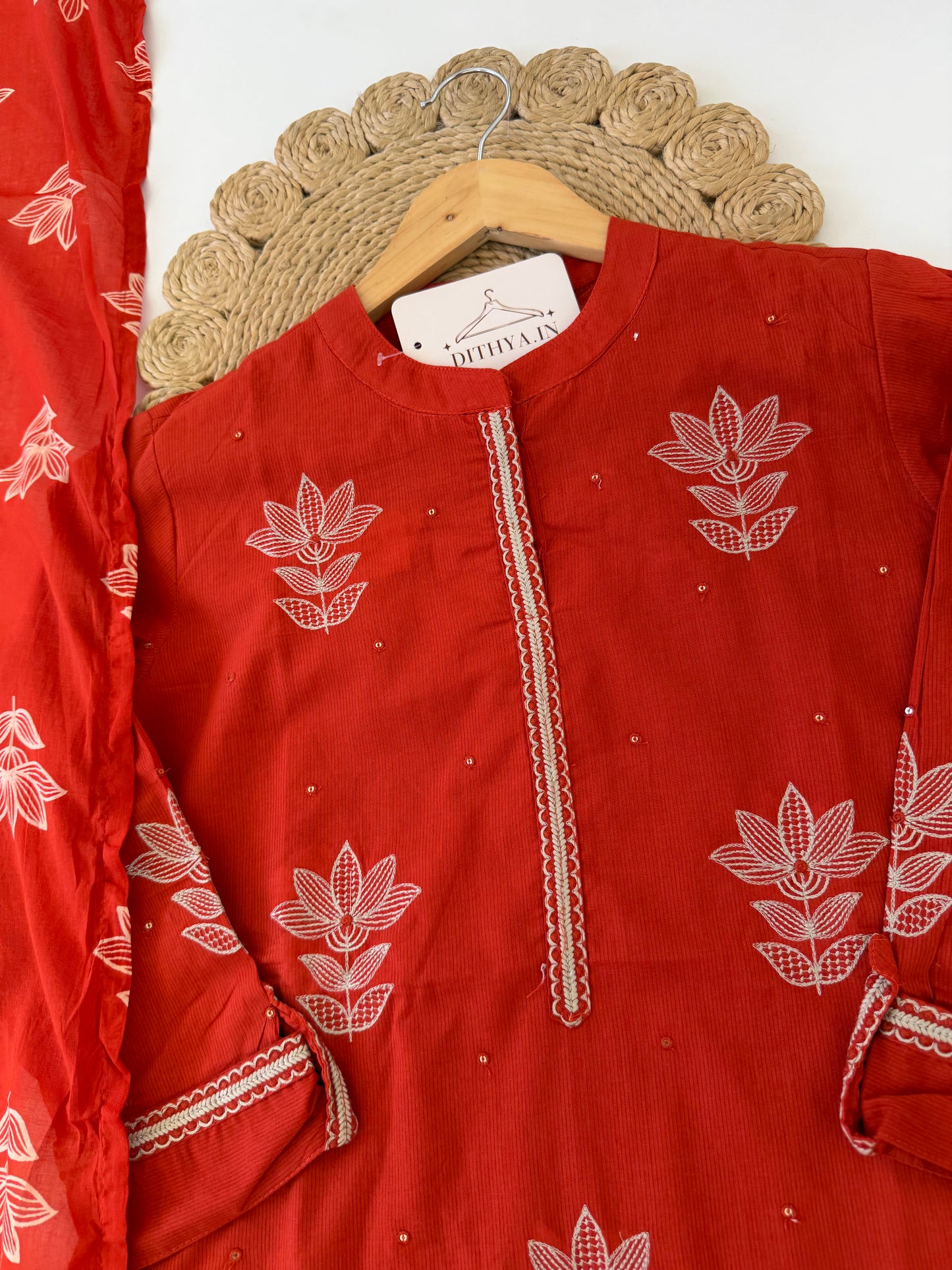 K608 - Mul cotton embroidered Aline Kurti with pants and dupatta