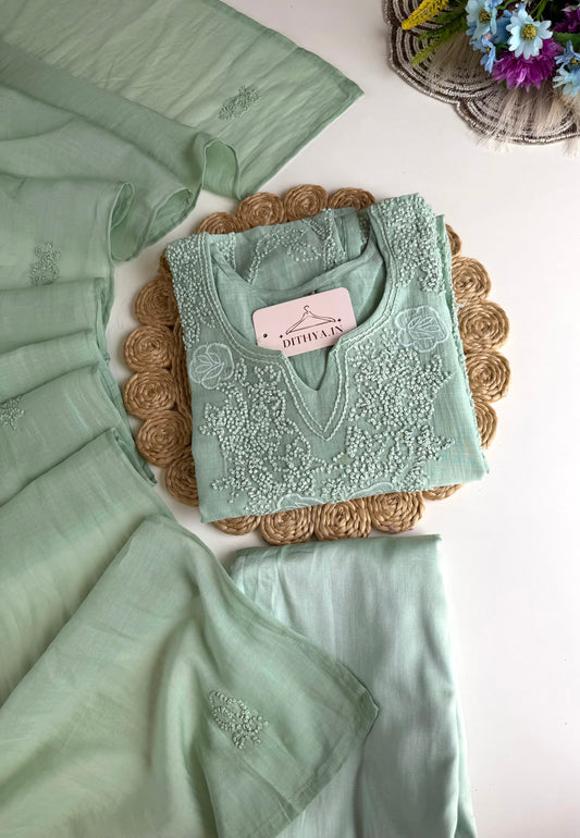 K010 - Mul chanderi embroidered straight Kurti with pants and dupatta