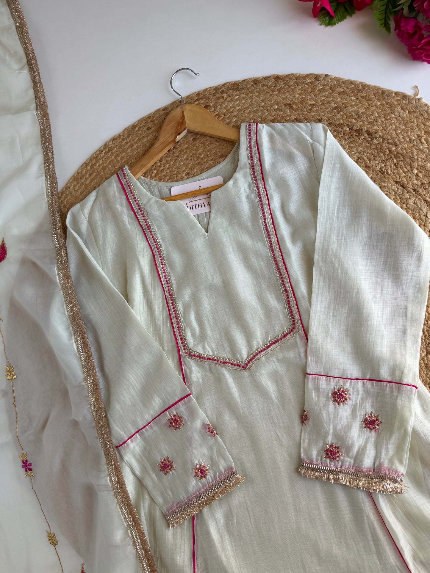 K323 - Mul Chanderi gota handwork aline Kurti with pants and dupatta