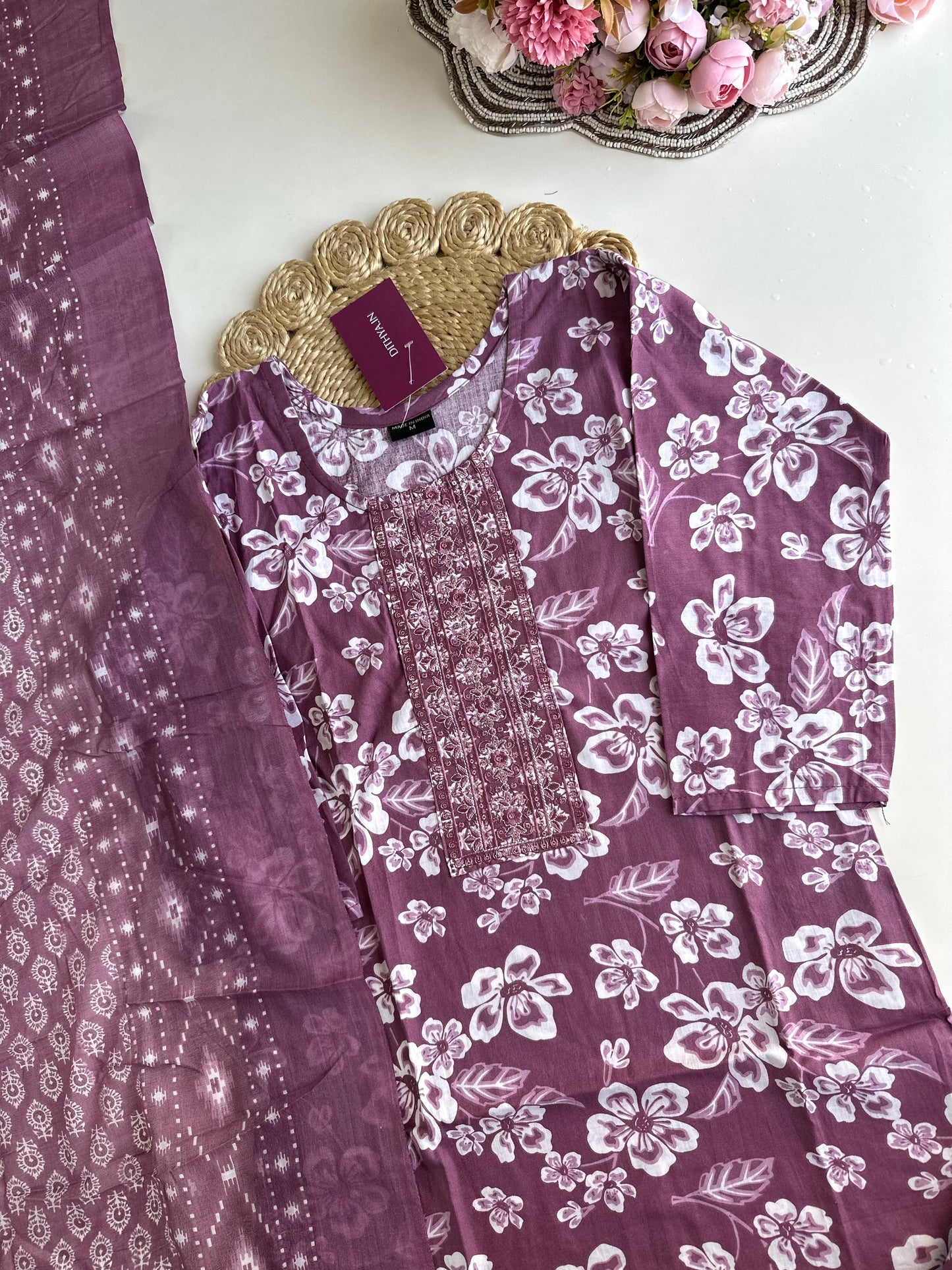 K383- Cotton Printed straight Kurti with pants and dupatta in 2 colours