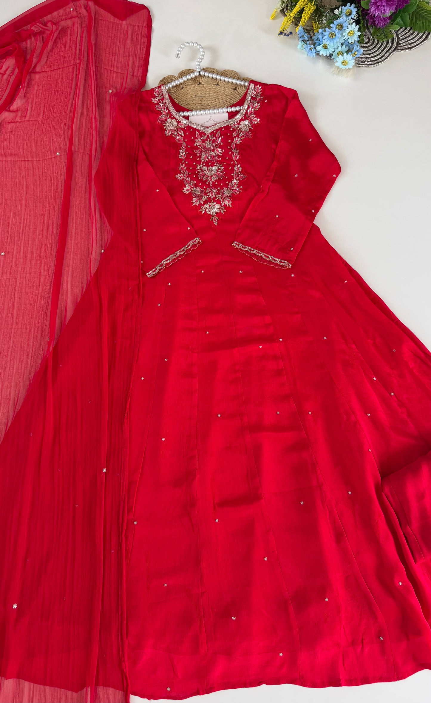 K527 - Chinnon handwork Anarkali with pants and dupatta