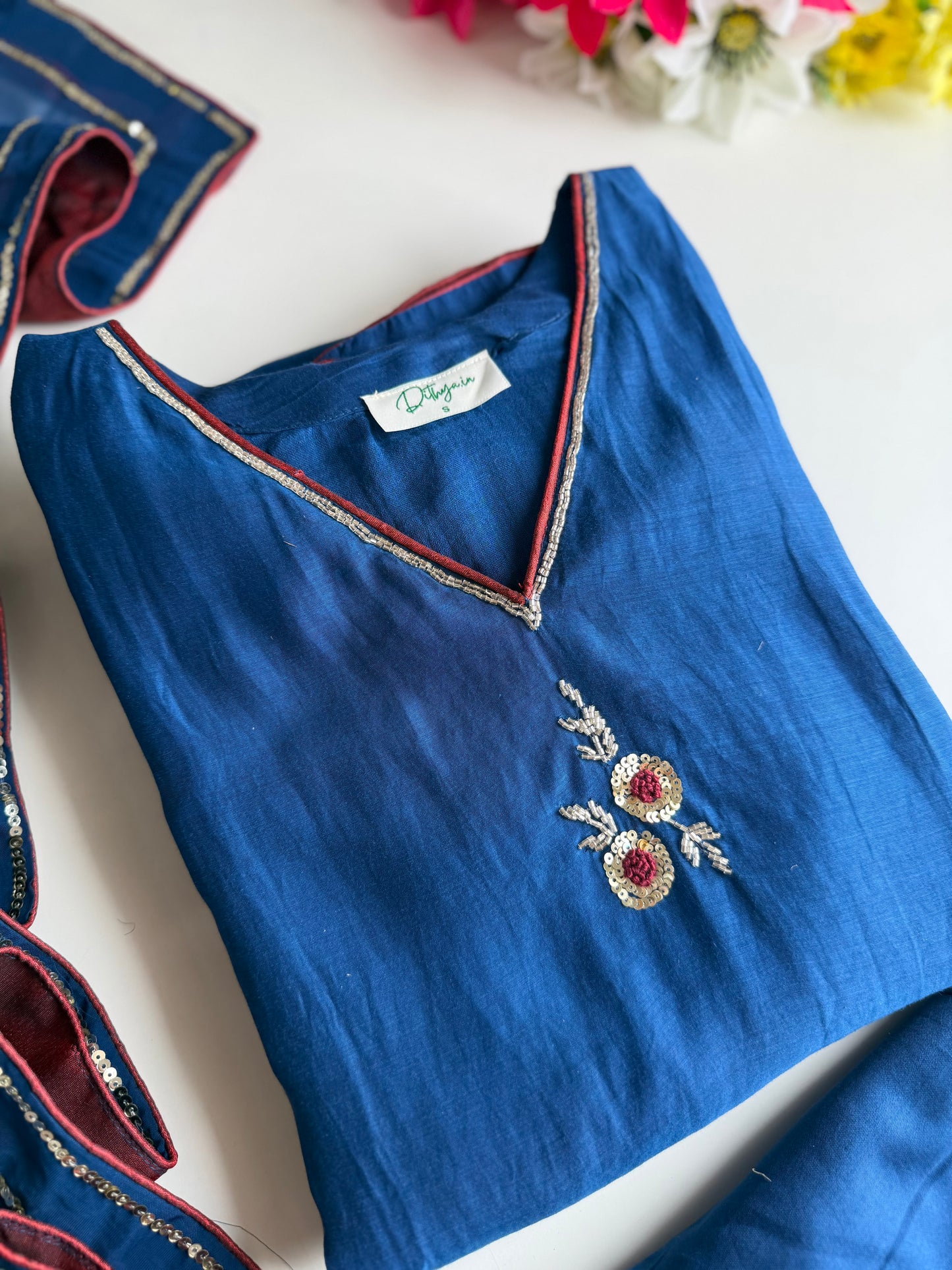 K444 - Mul chanderi handwork Aline Kurti with pants and dupatta