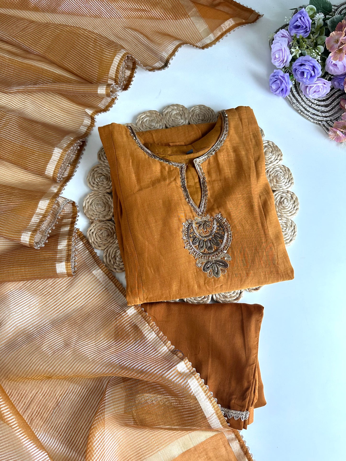 K035 - Mul Chanderi Handwork Aline Kurti with pants and dupatta in 2 colours