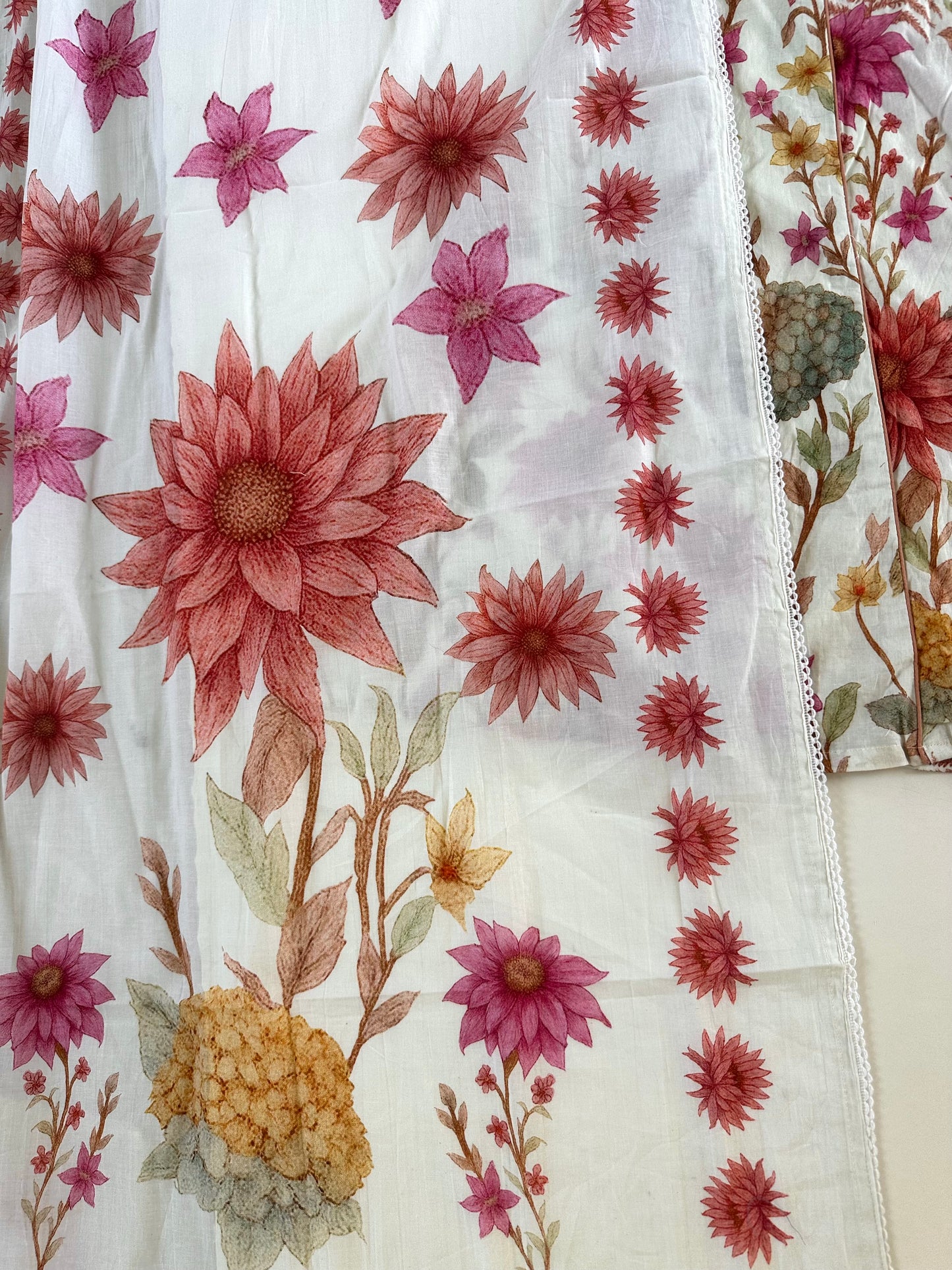 K279 - Mul cotton floral Aline Kurti with pants and dupatta