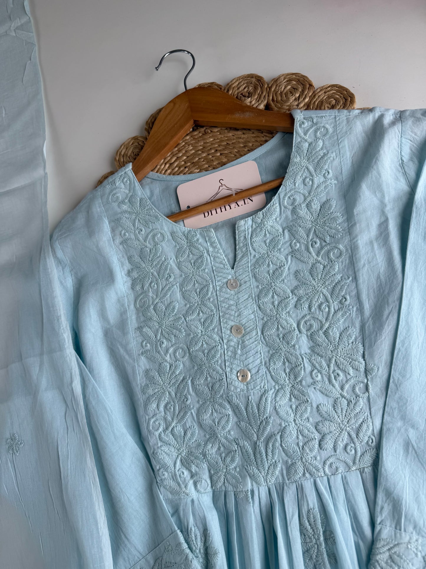 K525 - Mul cotton embroidered Anarkali with pants and dupatta
