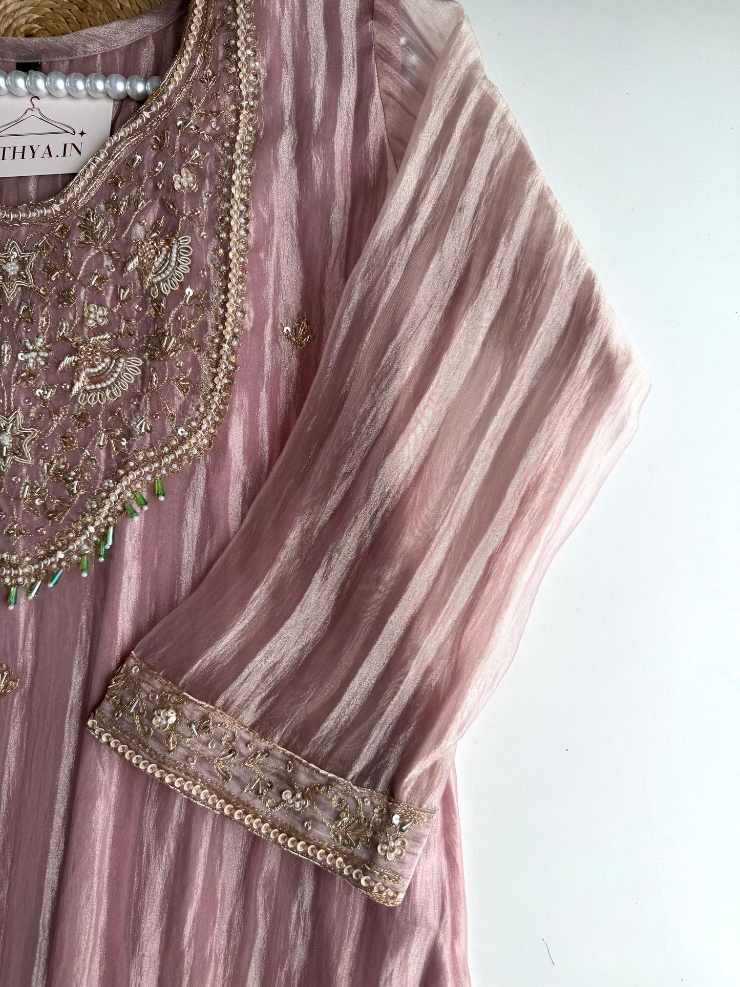 K473 - Crush Glass tissue handwork aline Kurti with pants and dupatta