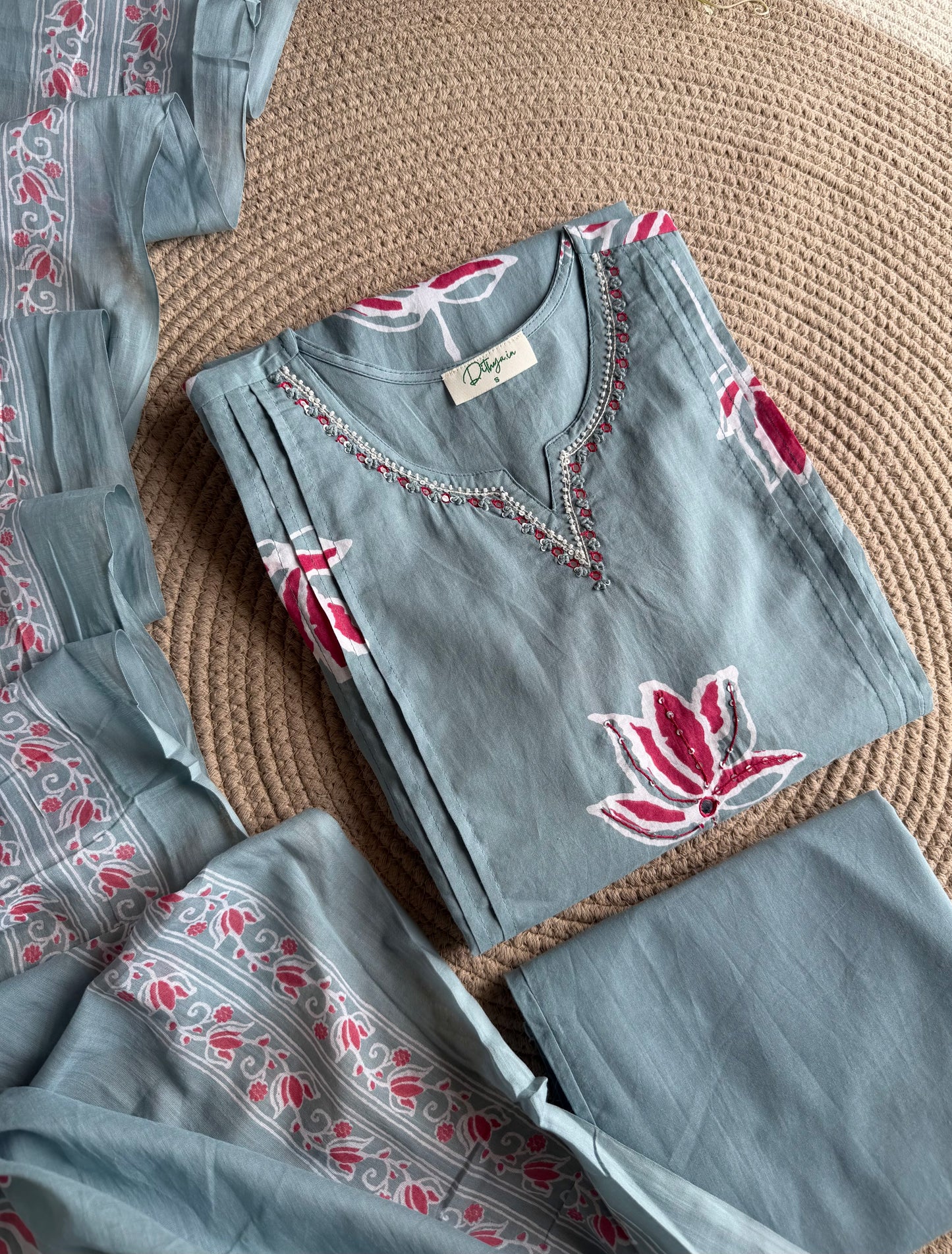 K164 - Mul cotton embroidered Aline Kurti with pants and dupatta in 3 colours