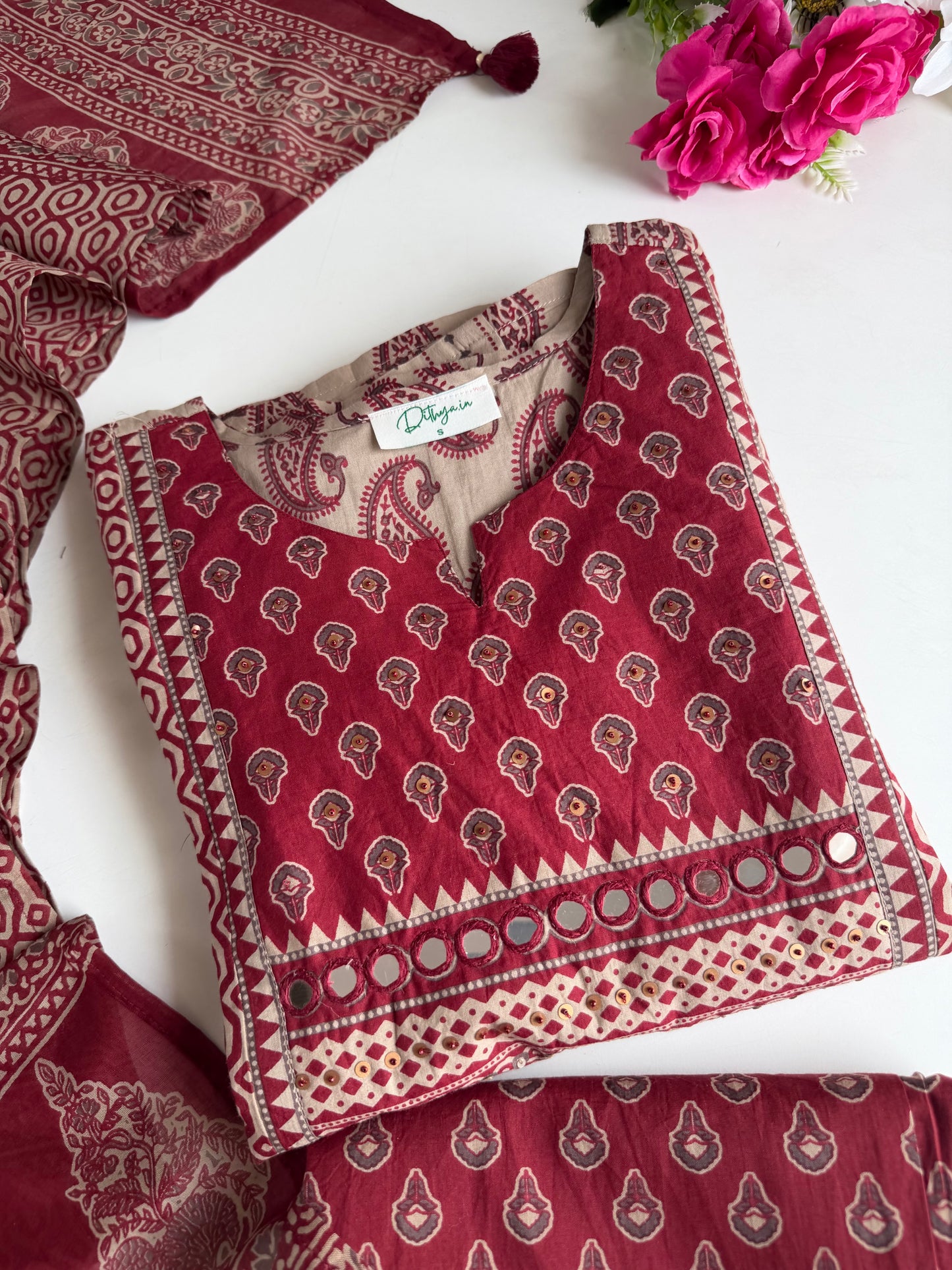K172 - Mul cotton mirror embroidered Anarkali with pants and dupatta