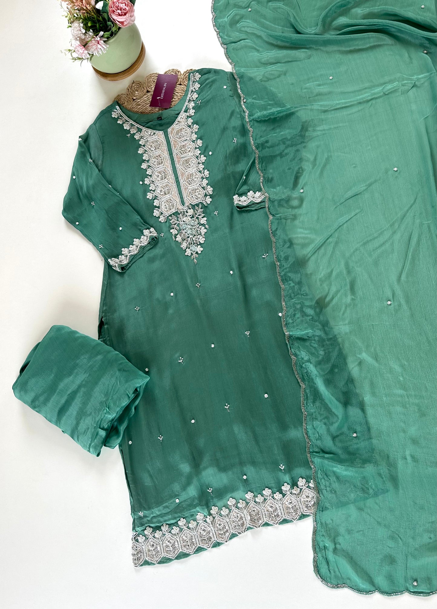 K069 - Pure chinnon Handwork short kurti with palazzo pants and dupatta .