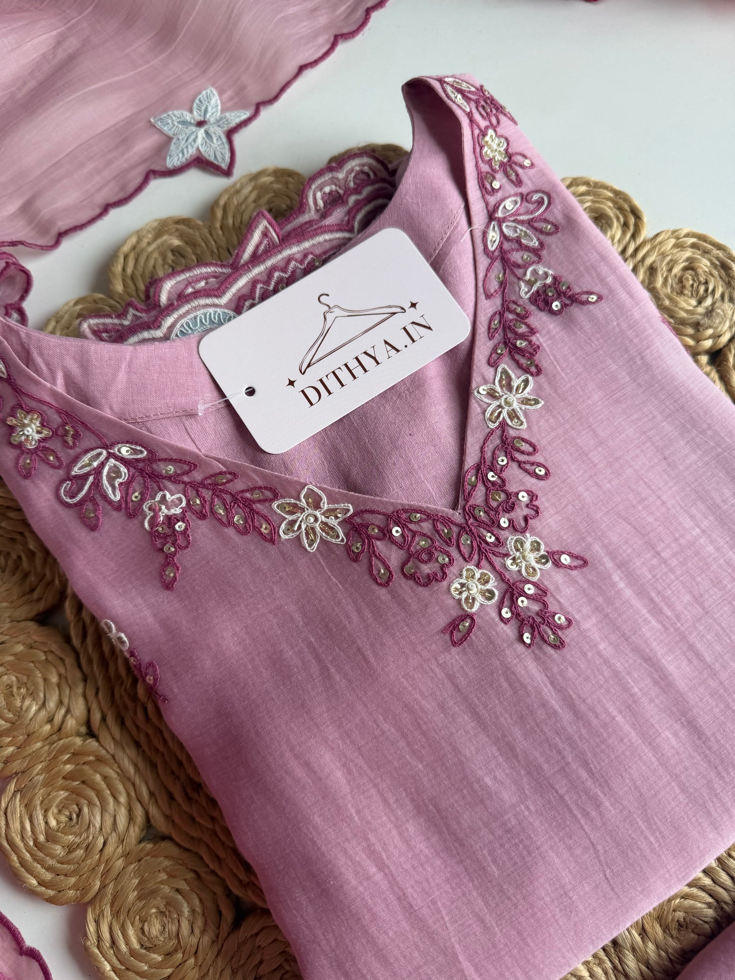 K541 - Mul chanderi handwork straight Kurti with pants and dupatta