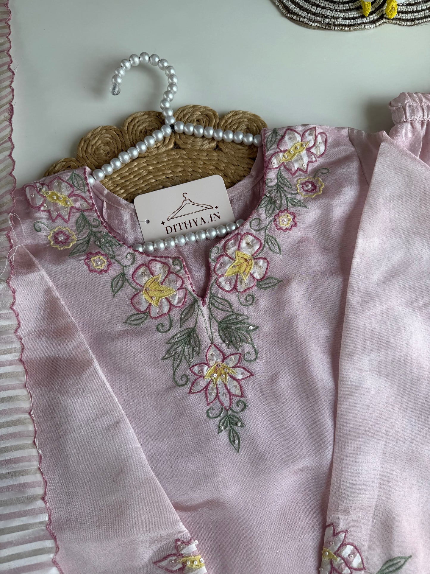 K548 - Tissue silk appliqué handwork short Kurti with divider pants and dupatta