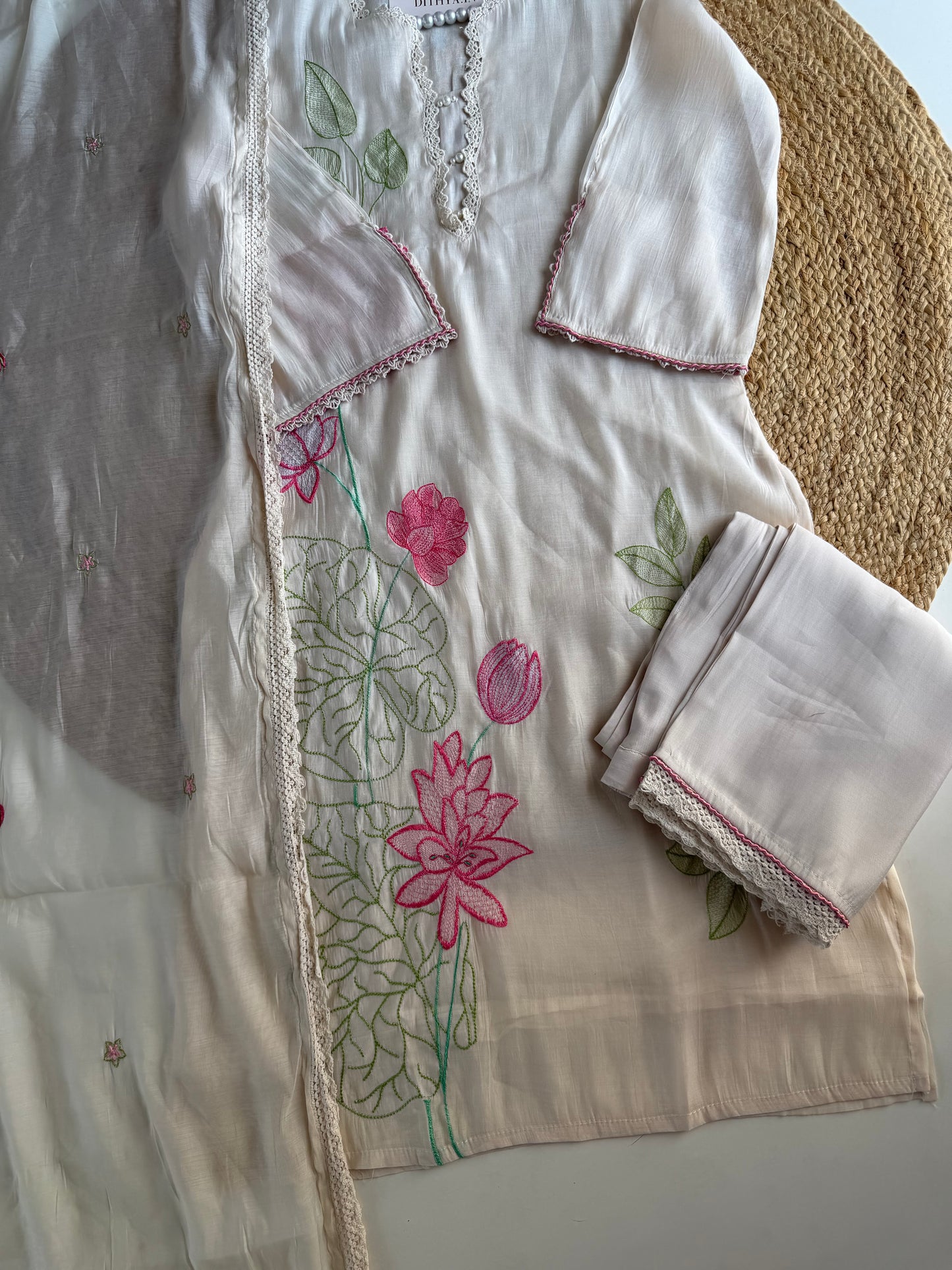 K345 - Muslin silk embroidered straight Kurti with pants and dupatta in 2 colours