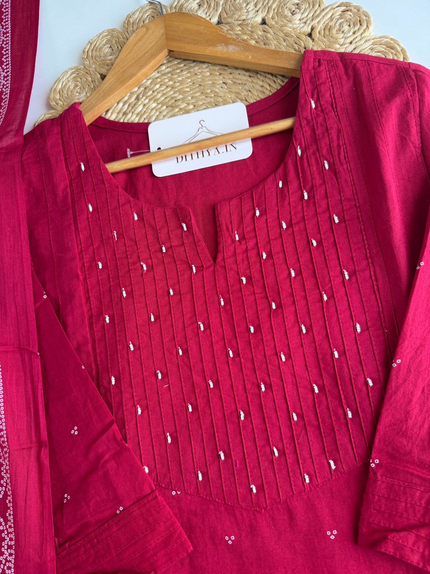 K711 - Mul cotton embroidered straight Kurti with pants and dupatta