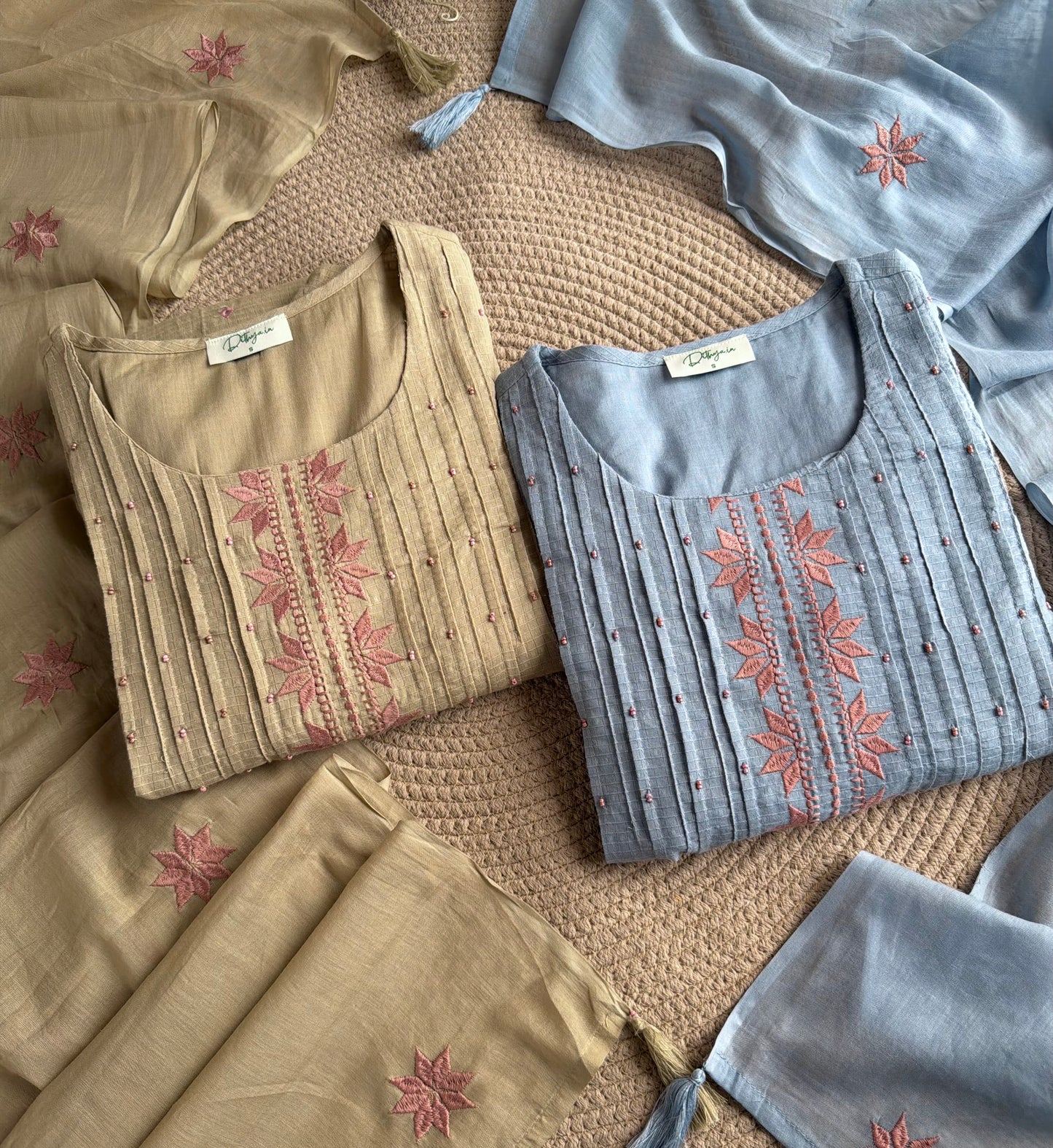 K226 - Mul cotton embroidered Aline Kurti with pants and dupatta in 2 colours
