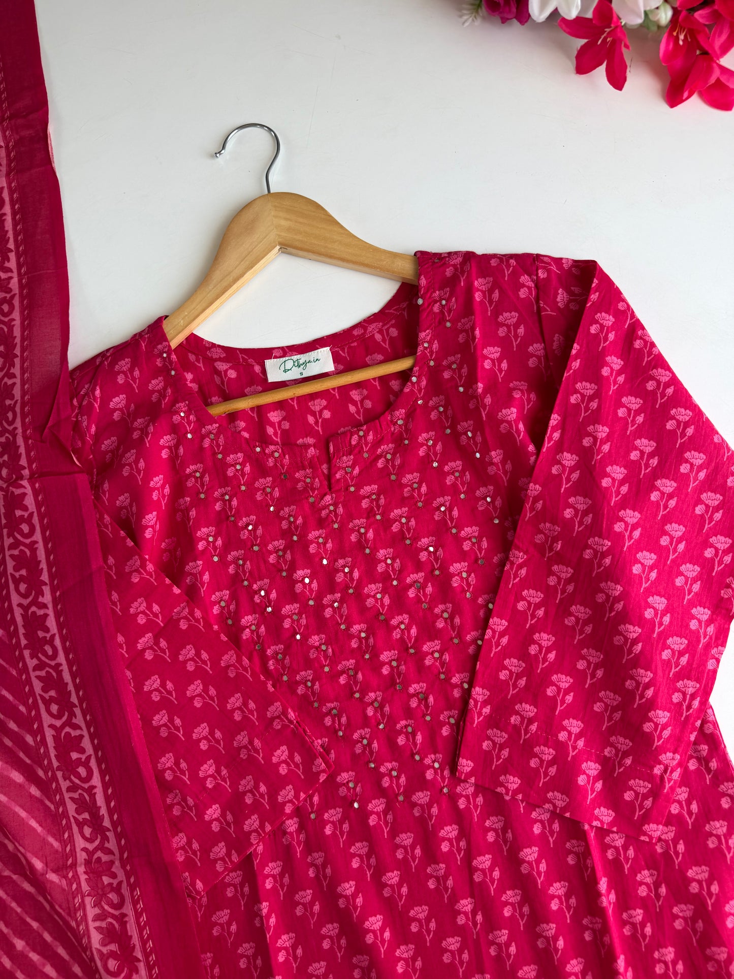 K443 - Mul cotton printed straight Kurti with pants and dupatta