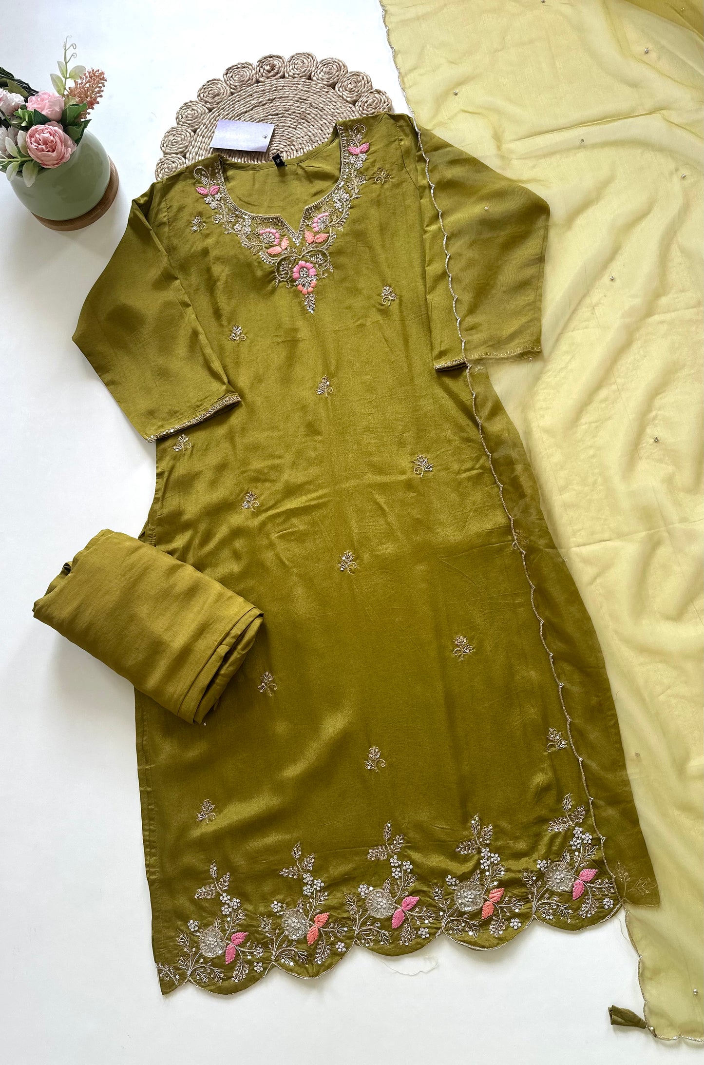 K087 - Russian silk handwork straight kurti with pants and organza dupatta .