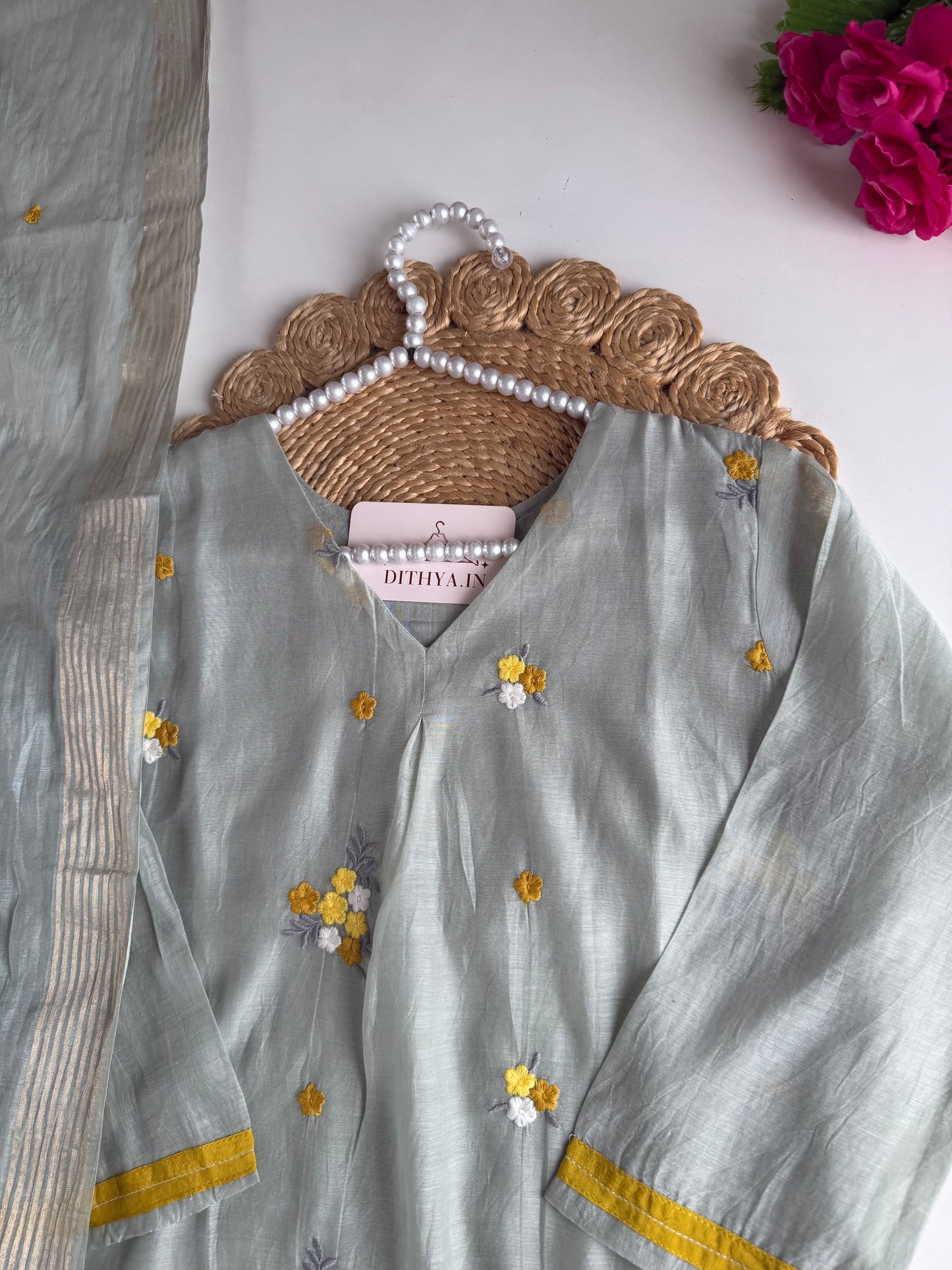 K724 - Mul chanderi embroidered Aline Kurti with pants and dupatta