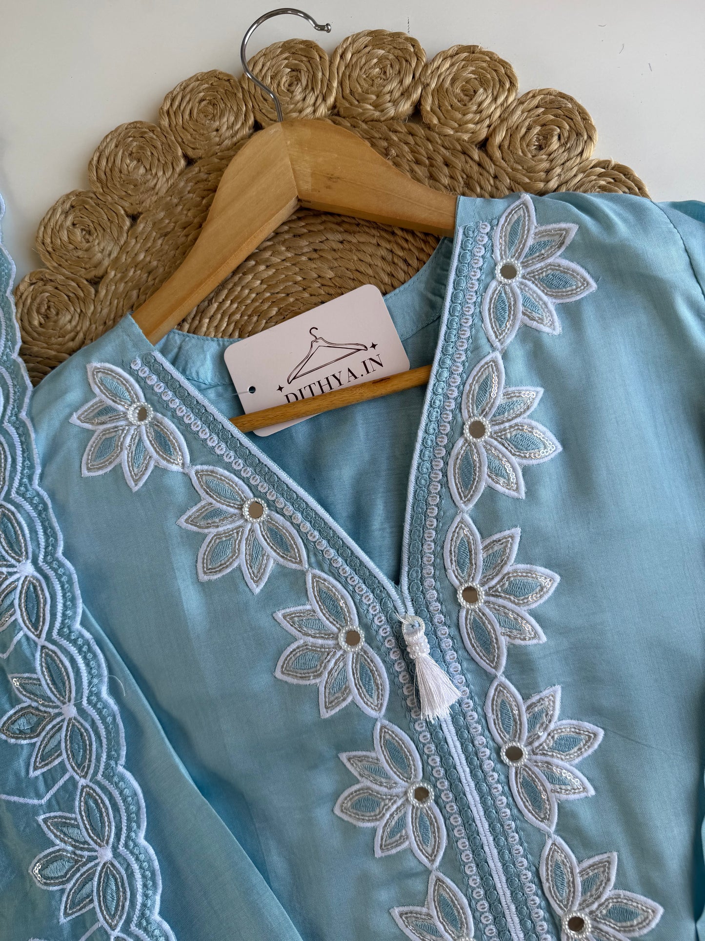 K377 - Muslin embroidered straight Kurti with pants and dupatta