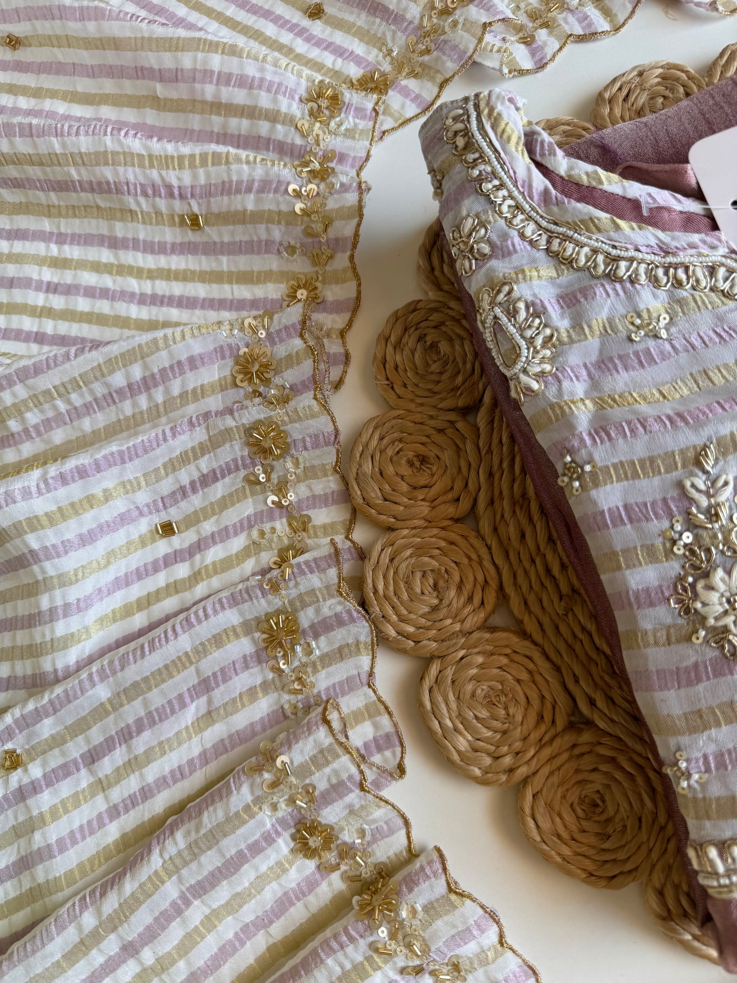 K684 - Crushed tissue handwork Aline Kurti with pants and dupatta