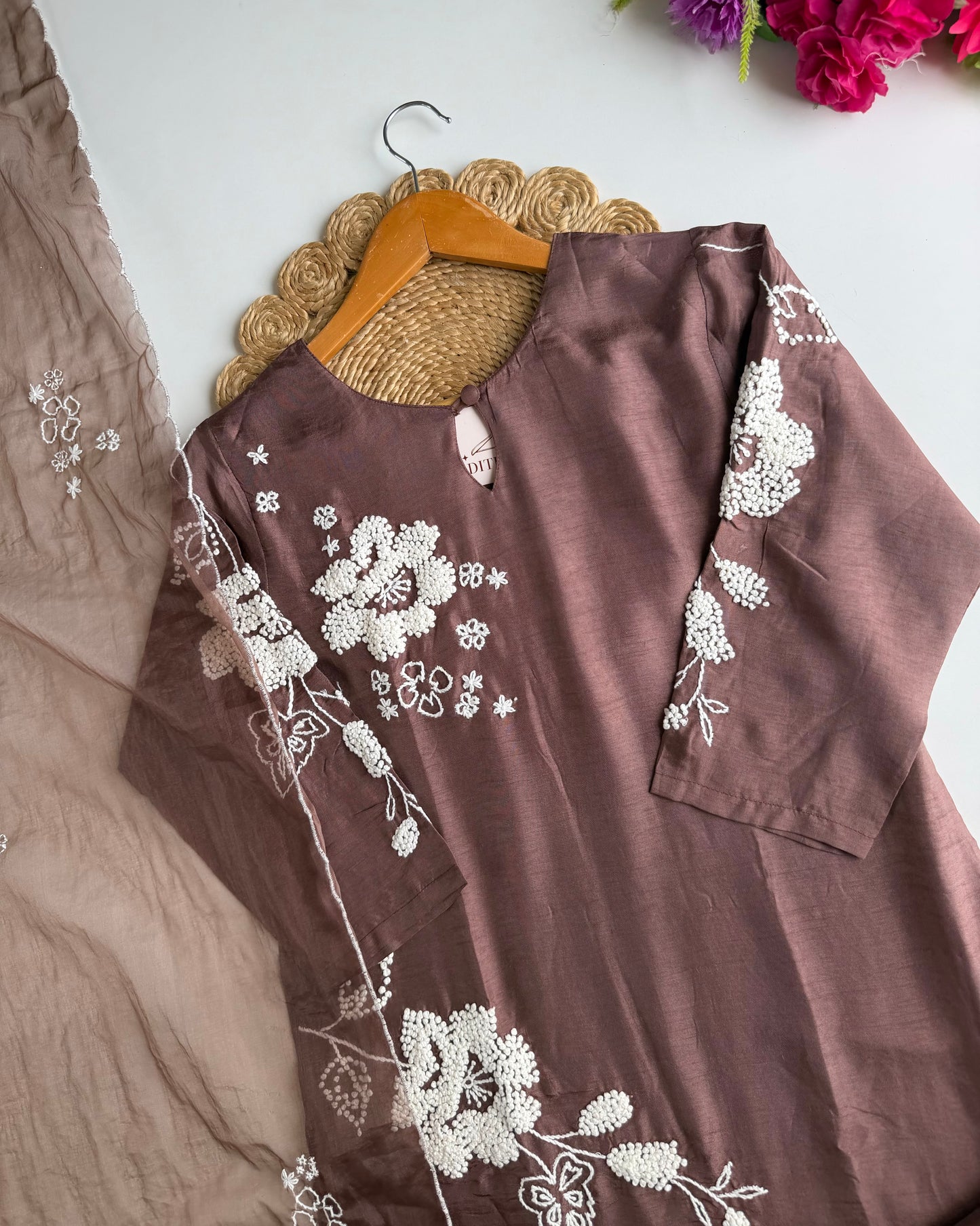 K634 - Russian silk embroidered straight Kurti with pants and dupatta