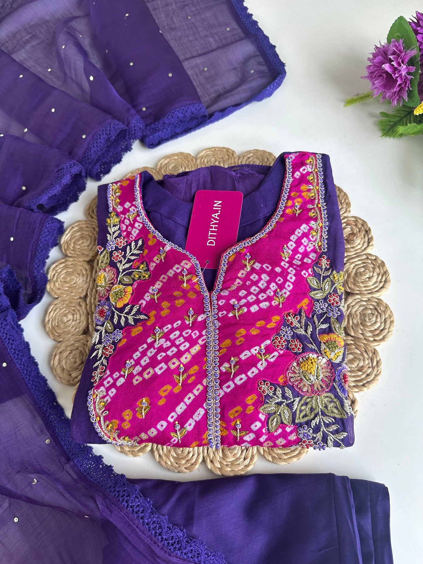 K085 - Mul Chanderi Handwork Aline Kurti with pants and dupatta