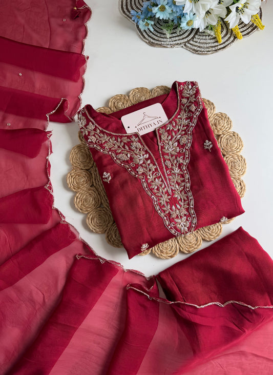 K206 - Russian silk handwork aline Kurti with pants and dupatta