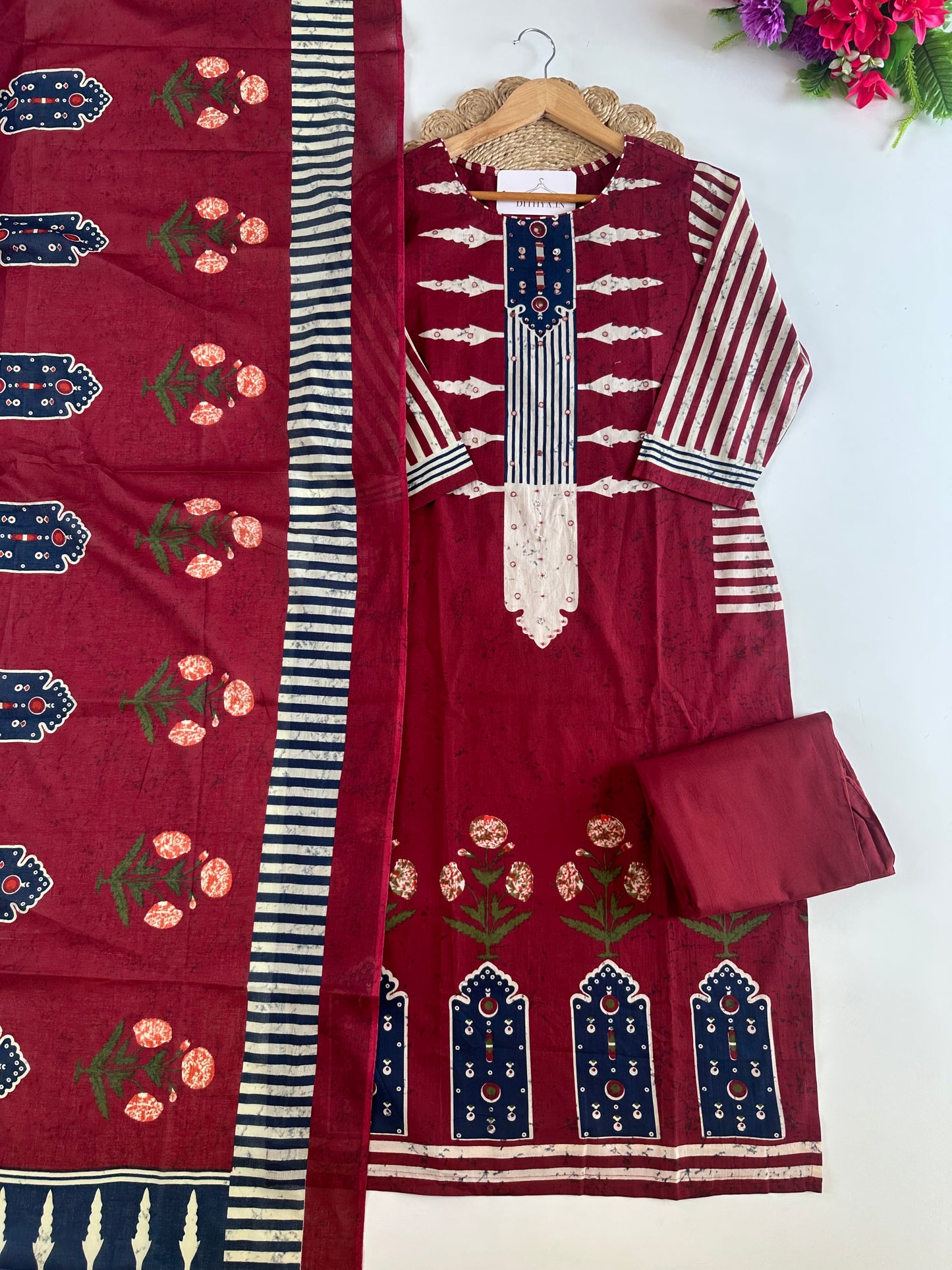 K381 - Mul cotton printed straight Kurti with pants and dupatta