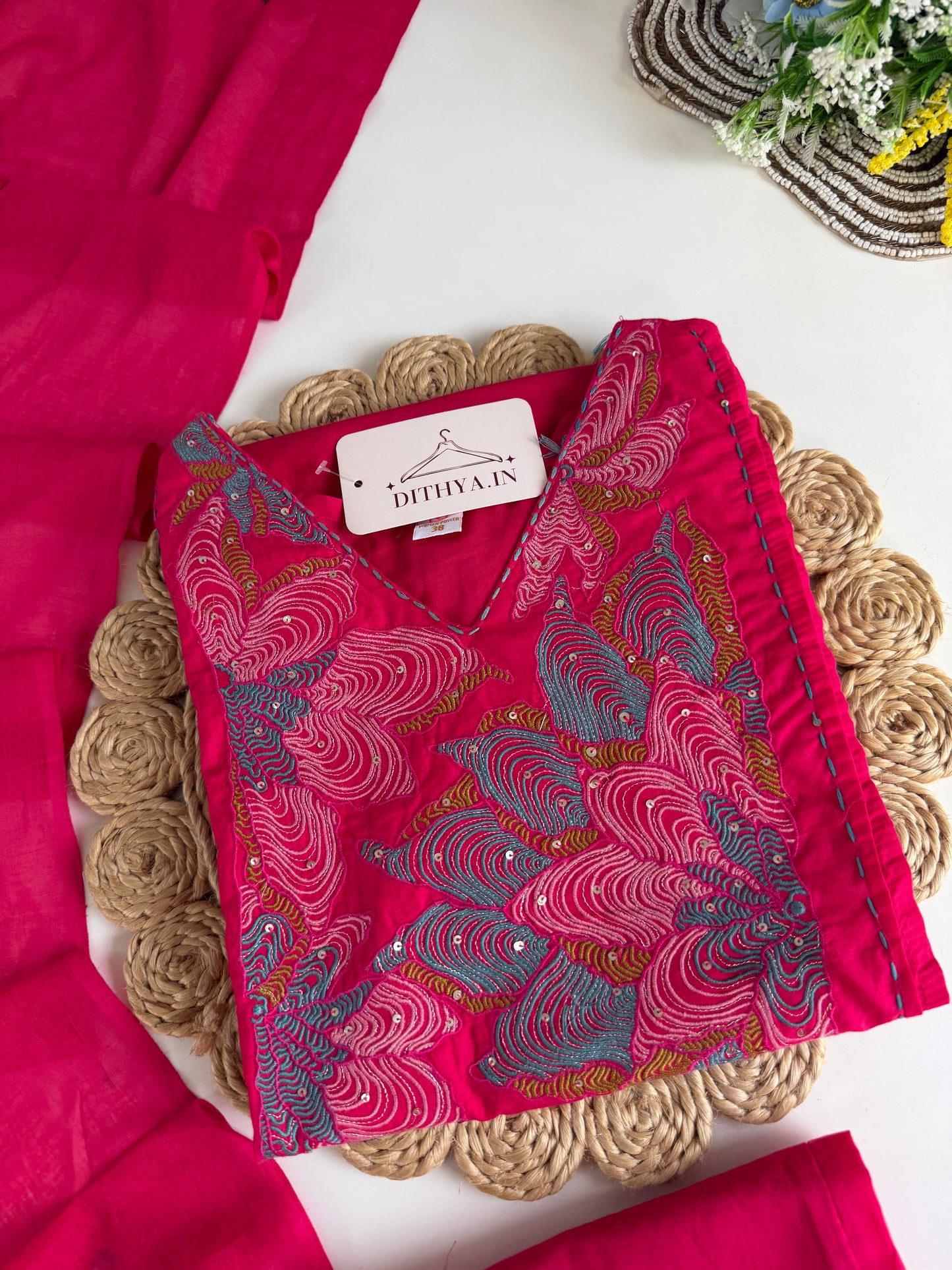 K644 - Mul cotton embroidered straight Kurti with pants and dupatta