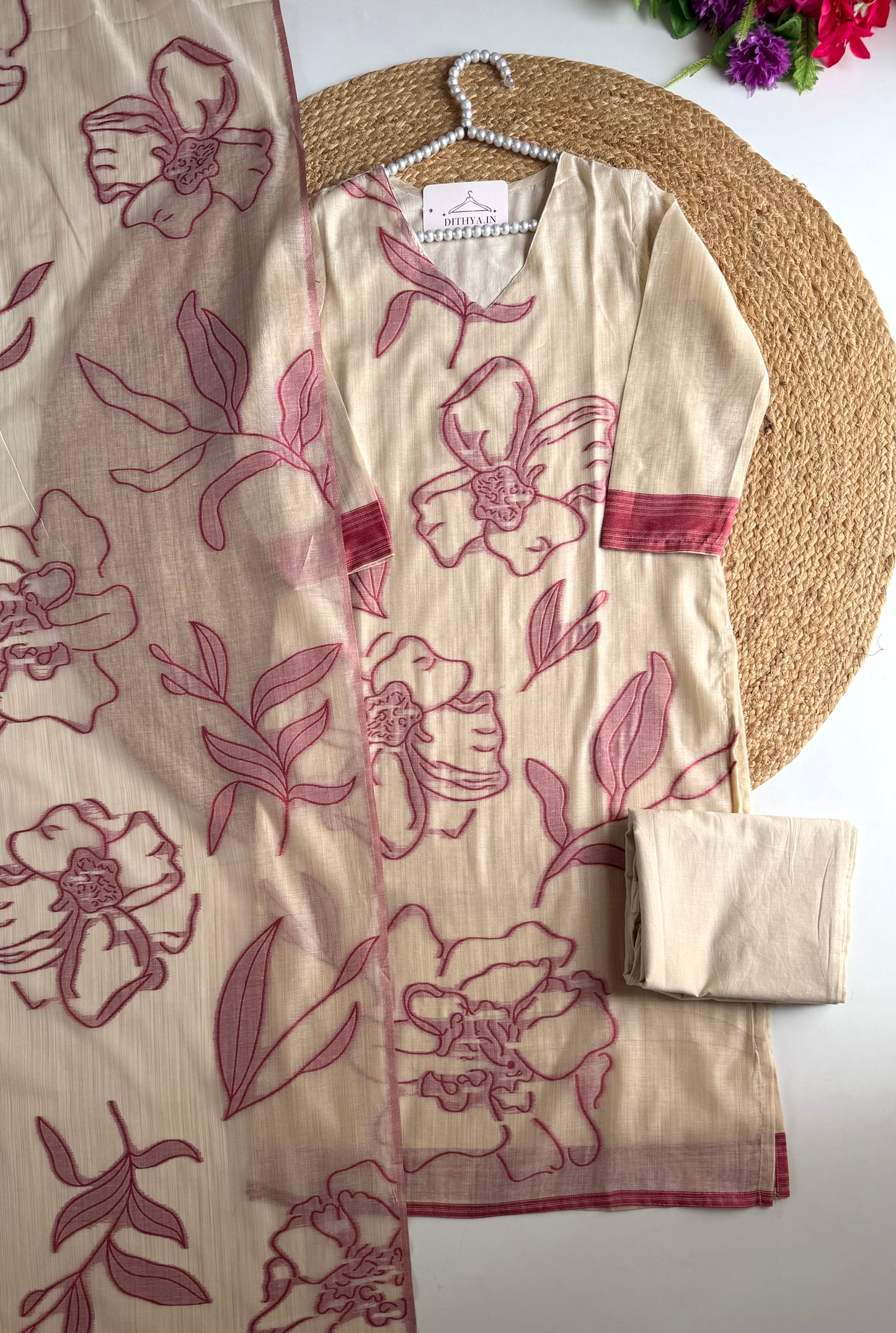 K672 - Chanderi silk floral weaving straight Kurti with pants and dupatta