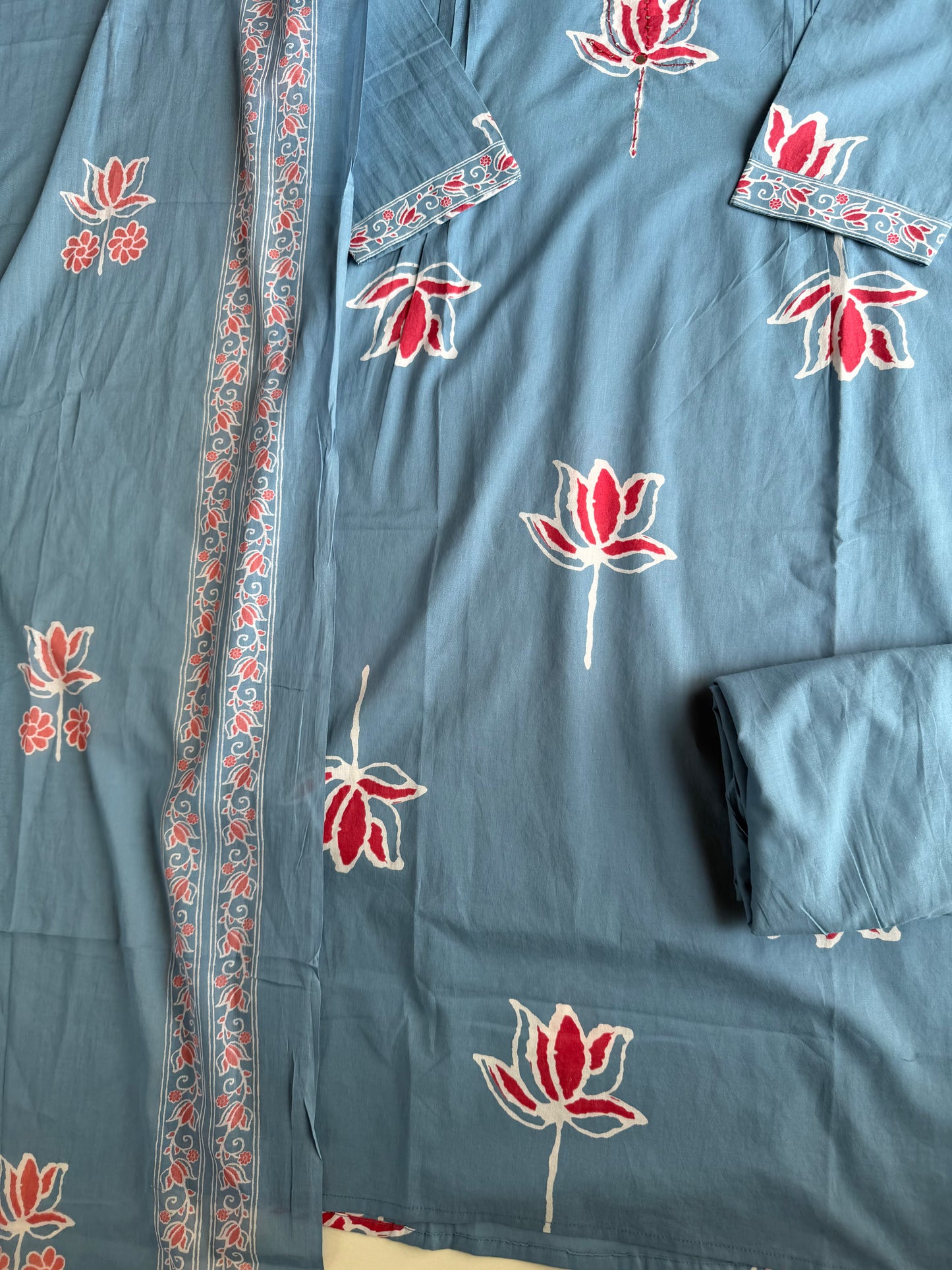 K164 - Mul cotton embroidered Aline Kurti with pants and dupatta in 3 colours